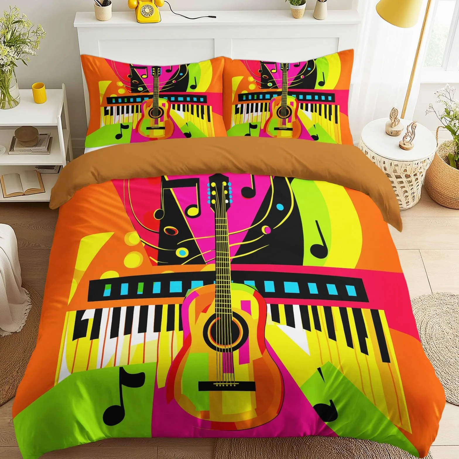 Rock Music Ropa de cama de 200 x 200 cm, 3 piezas, juego de funda nórdica – Pop Art guitarra piano partituras suave microfibra reversible ropa de cama con 2 fundas de almohada, naranja