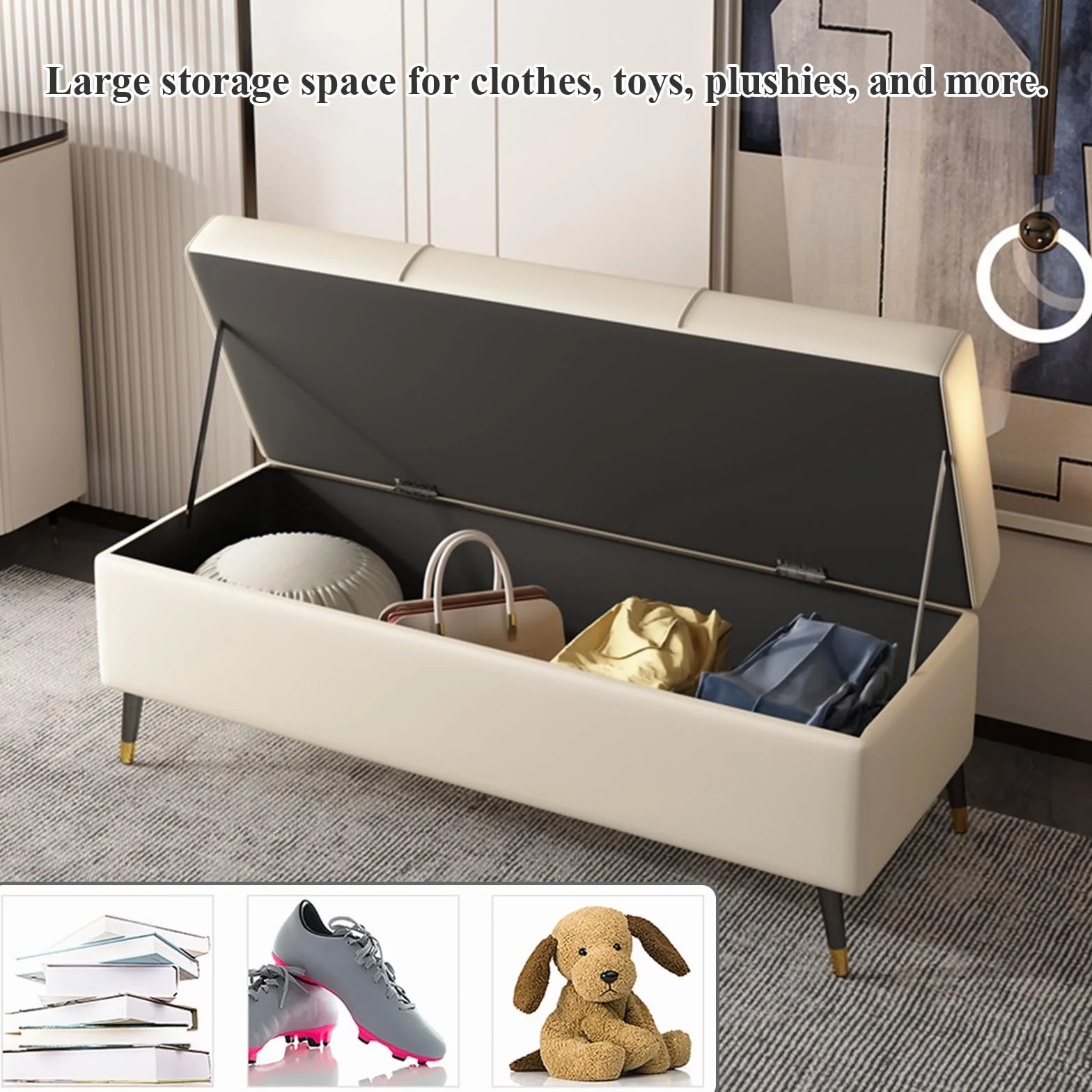LUUYYI Otomana extra larga de piel sintética blanca con almacenamiento, elegante mueble rectangular de piel sintética para sala de estar y dormitorio, ideal para pies de cama S (gris-c-100 cm)