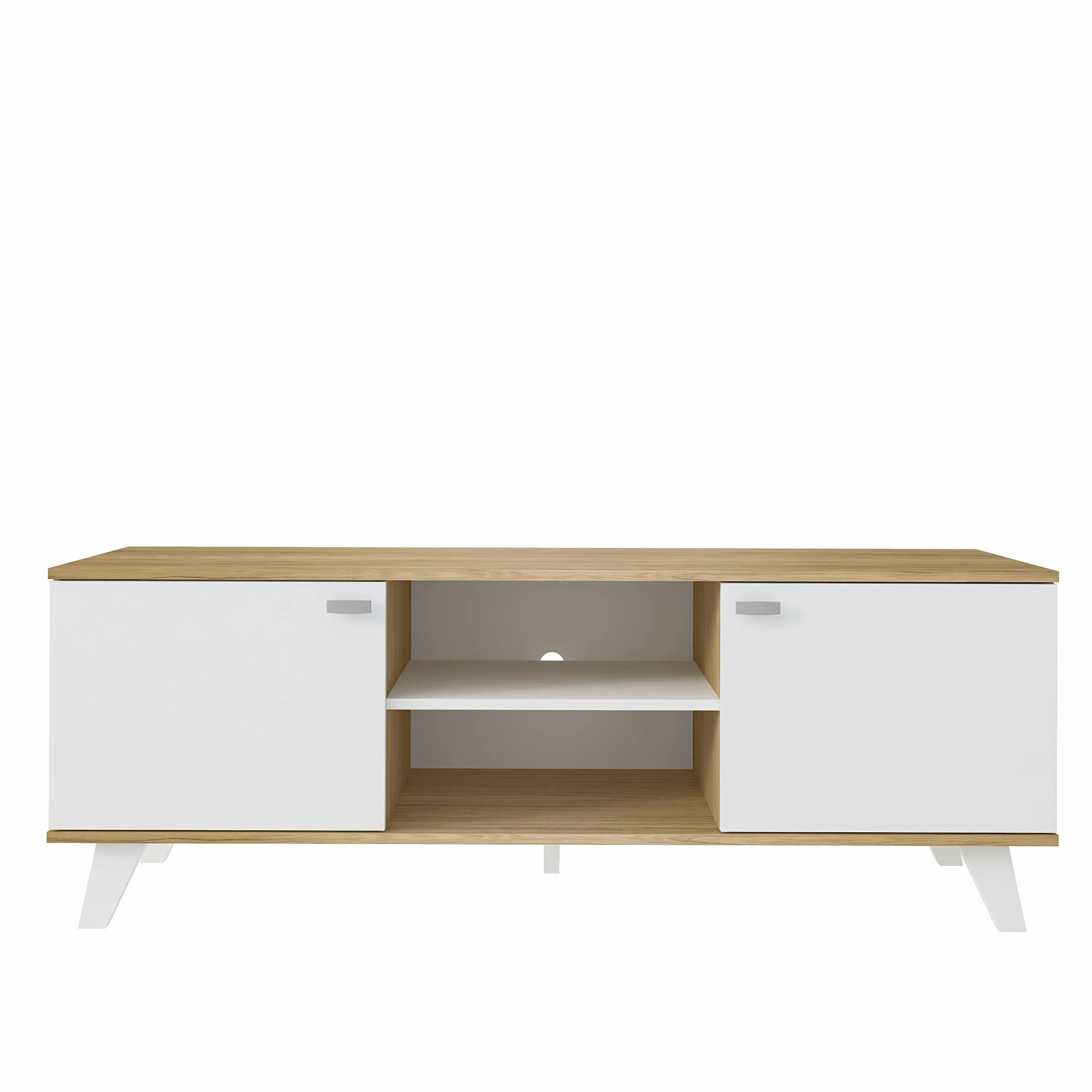 MOMMA HOME Mueble TV, Mueble de Salón Moderno, Mesa de televisión 2 Puertas y Baldas centrales, Acabado en Roble y Blanco, Patas de Madera, QUIATUR, 140 cm L x 51 cm A x 40 cm F.