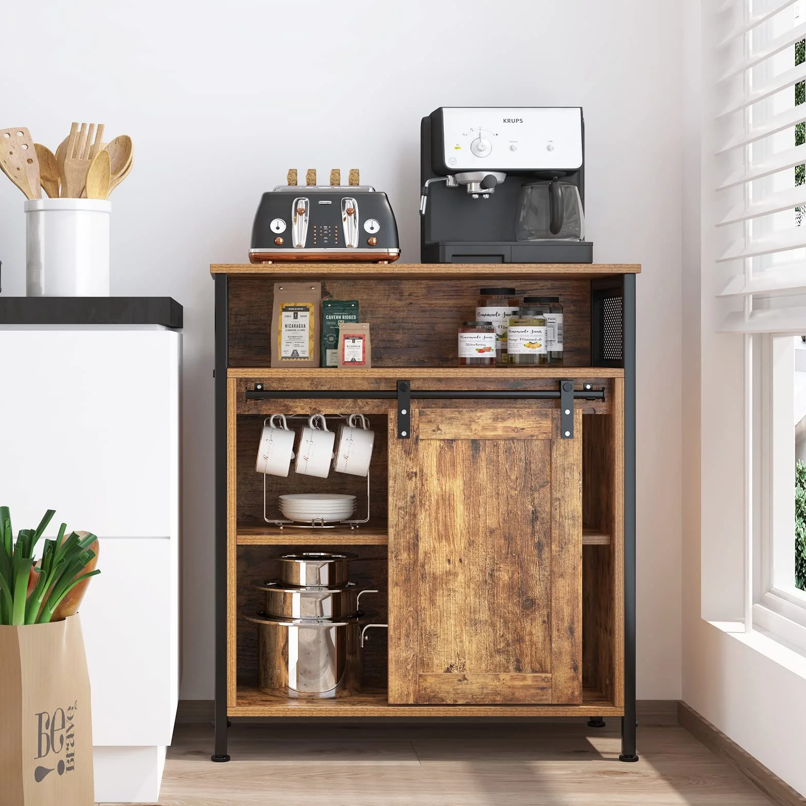 SogesHome Buffets Armario de Cocina con Puerta Corredera Aparador con 3 Compartimentos Abiertos para Almacenamiento para Cocinas Salón Vintage, 70 x 30 x 80 cm