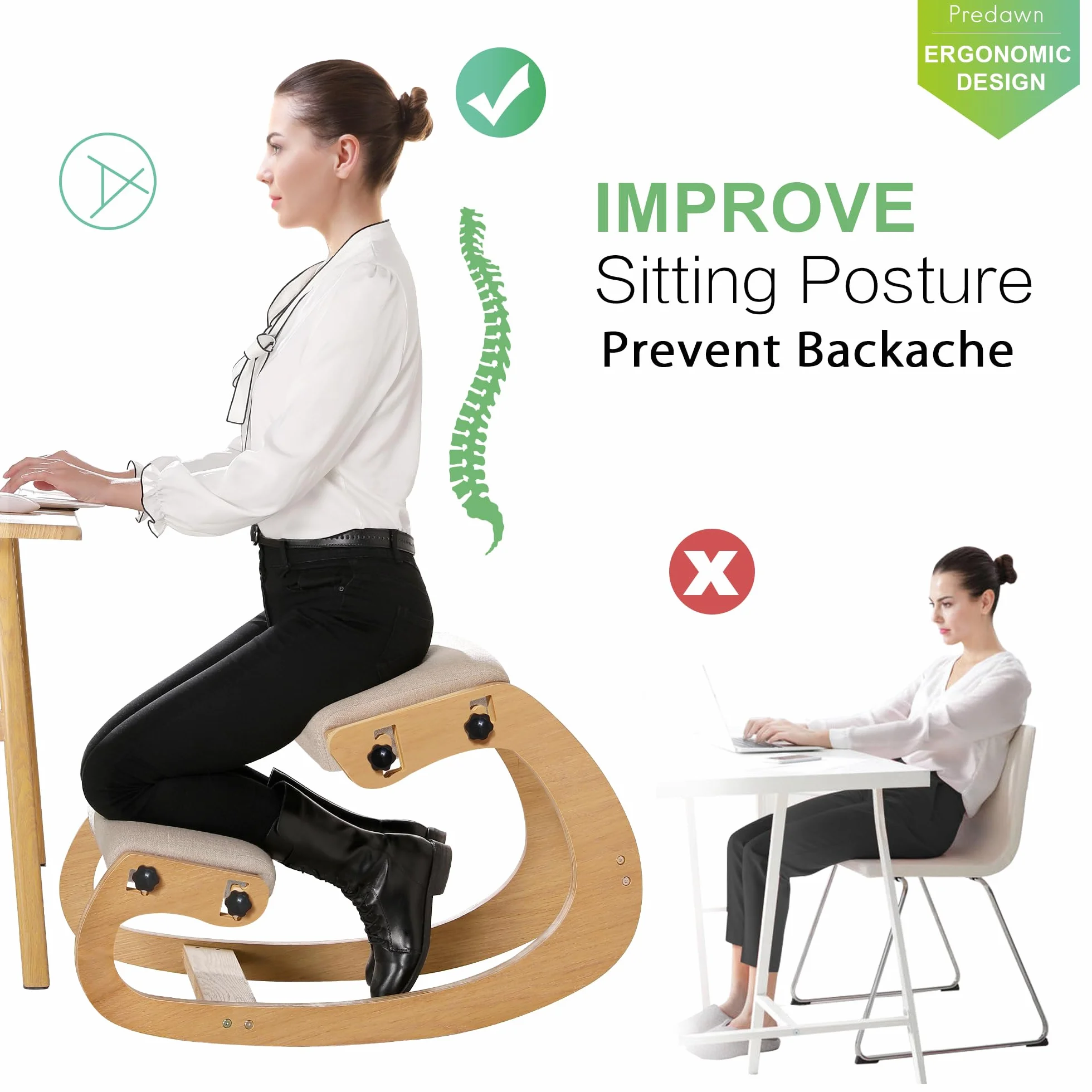 Predawn Silla Ergonómica Rodillas, Silla Rodillas, Silla de Rodillas, Sillas Ergonomicas, Taburete Ergonomico, Oficina y Meditación, Madera y Cojín de Lino (Roble Blanco)