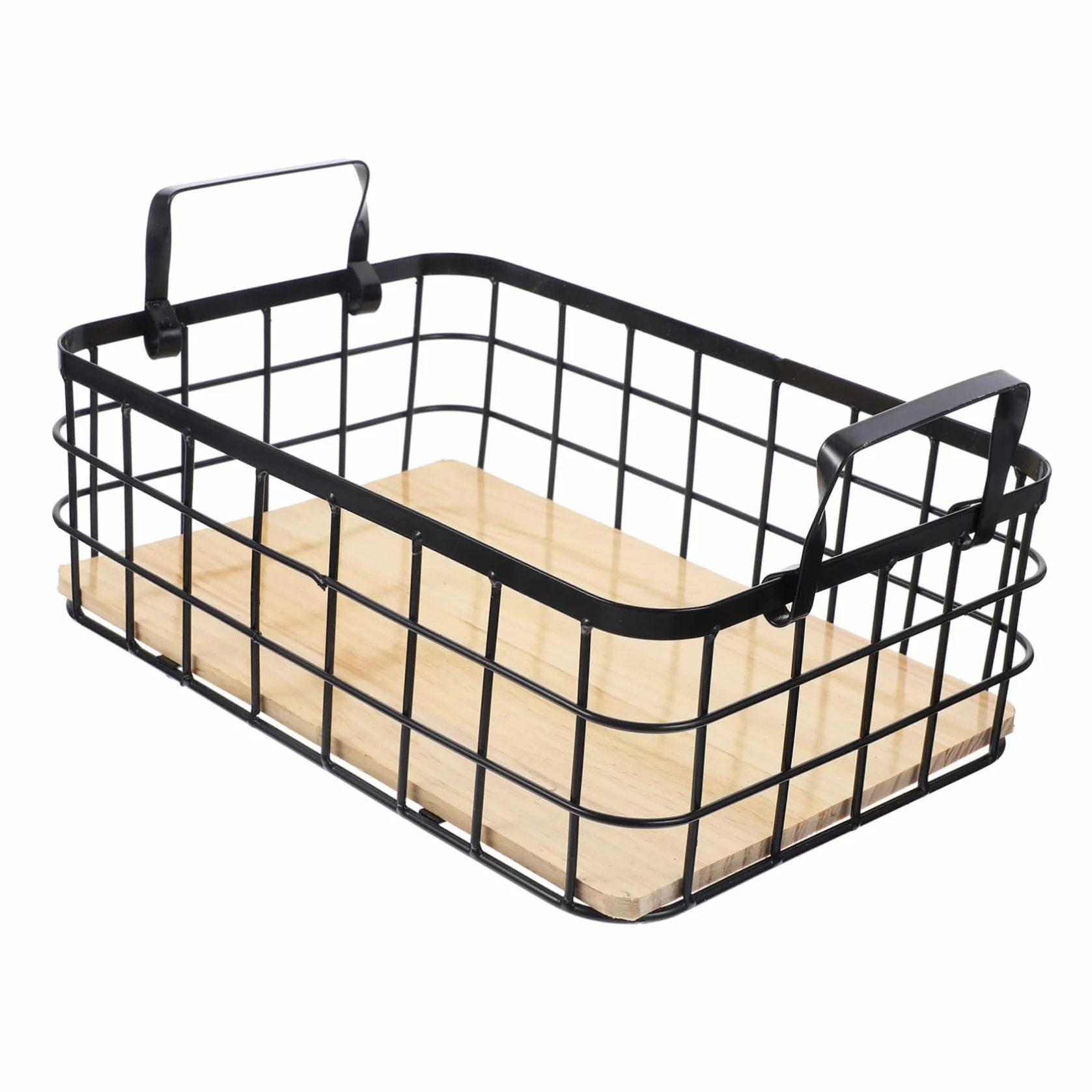 ULTECHNOVO Cesta de Almacenamiento de Alambre Negra Asa y Base de Madera | Rectangular y Robusta, para Frutas y Utensilios del Hogar, Uso en Mesa o Exterior