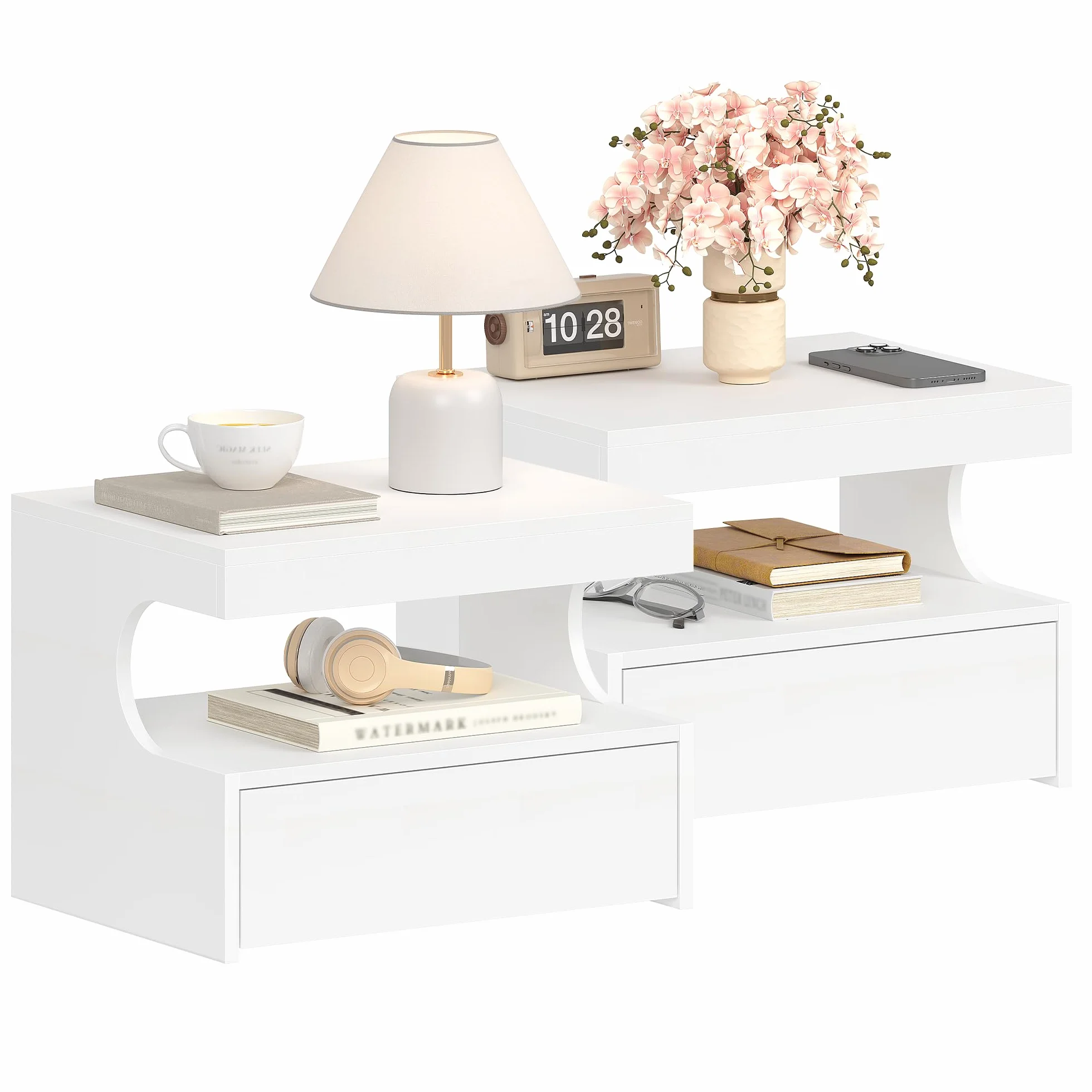 Hzuaneri Mesita de Noche Flotante Set de 2, Repisa Colgante y 1 Cajón con Guías, Diseño en Forma de U, Moderna, para Dormitorio y Salón, 30 x 40 x 29,2 cm, Blanco NS50203X