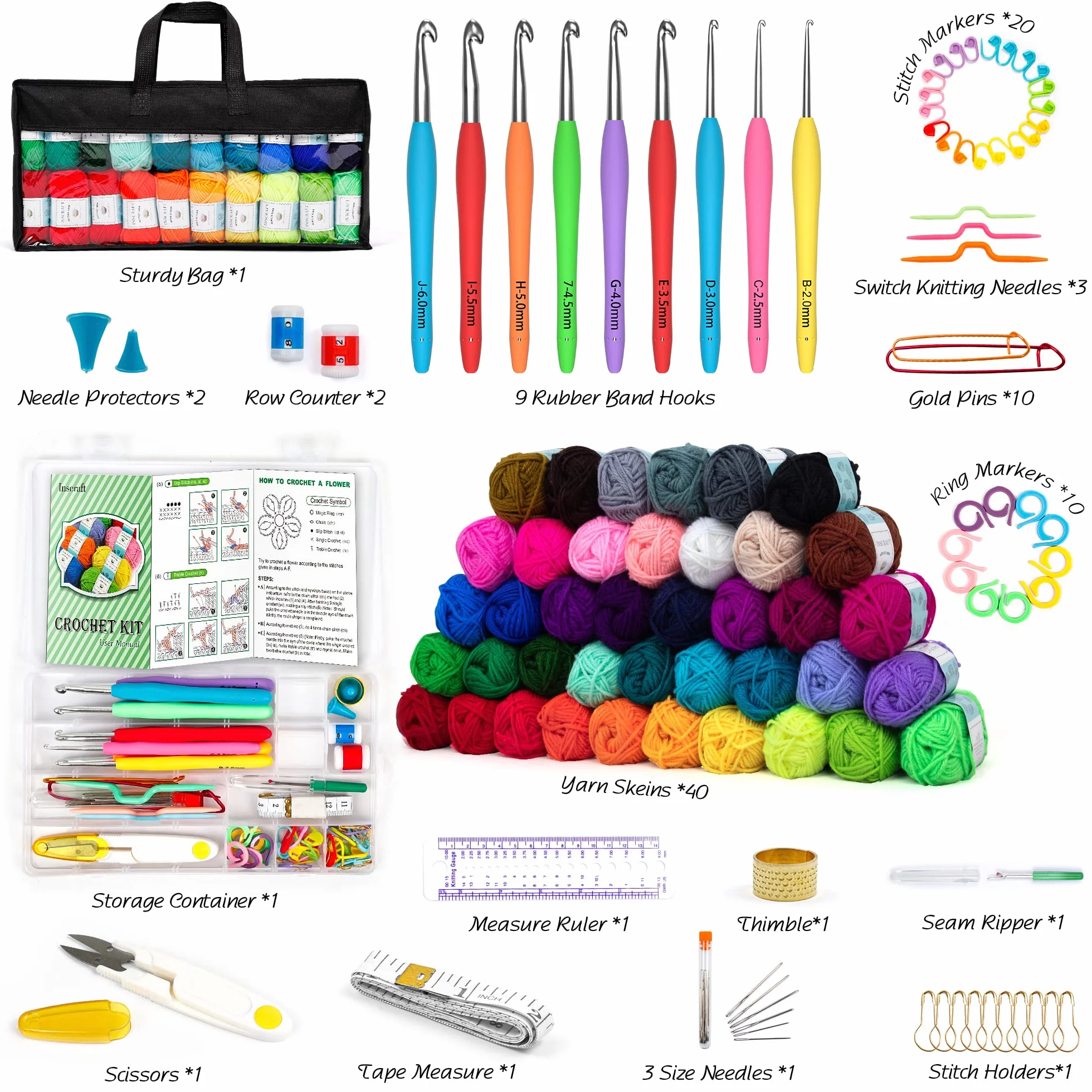 INSCRAFT Hilado de 40 colores con kit de gancho de ganchillo