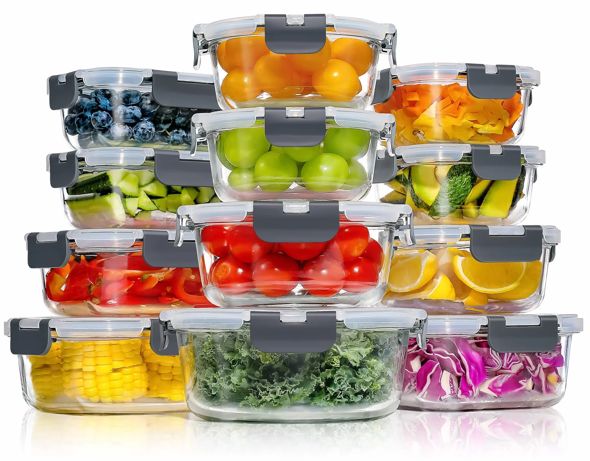 YASHE 12 Piezas Recipientes de Vidrio con Tapas Herméticas, Reutilizables, Apto para Microondas, Horno, Congelador y Lavavajillas - Sin BPA Fiambrera Cristal, Ideal para Conservación de Alimentos