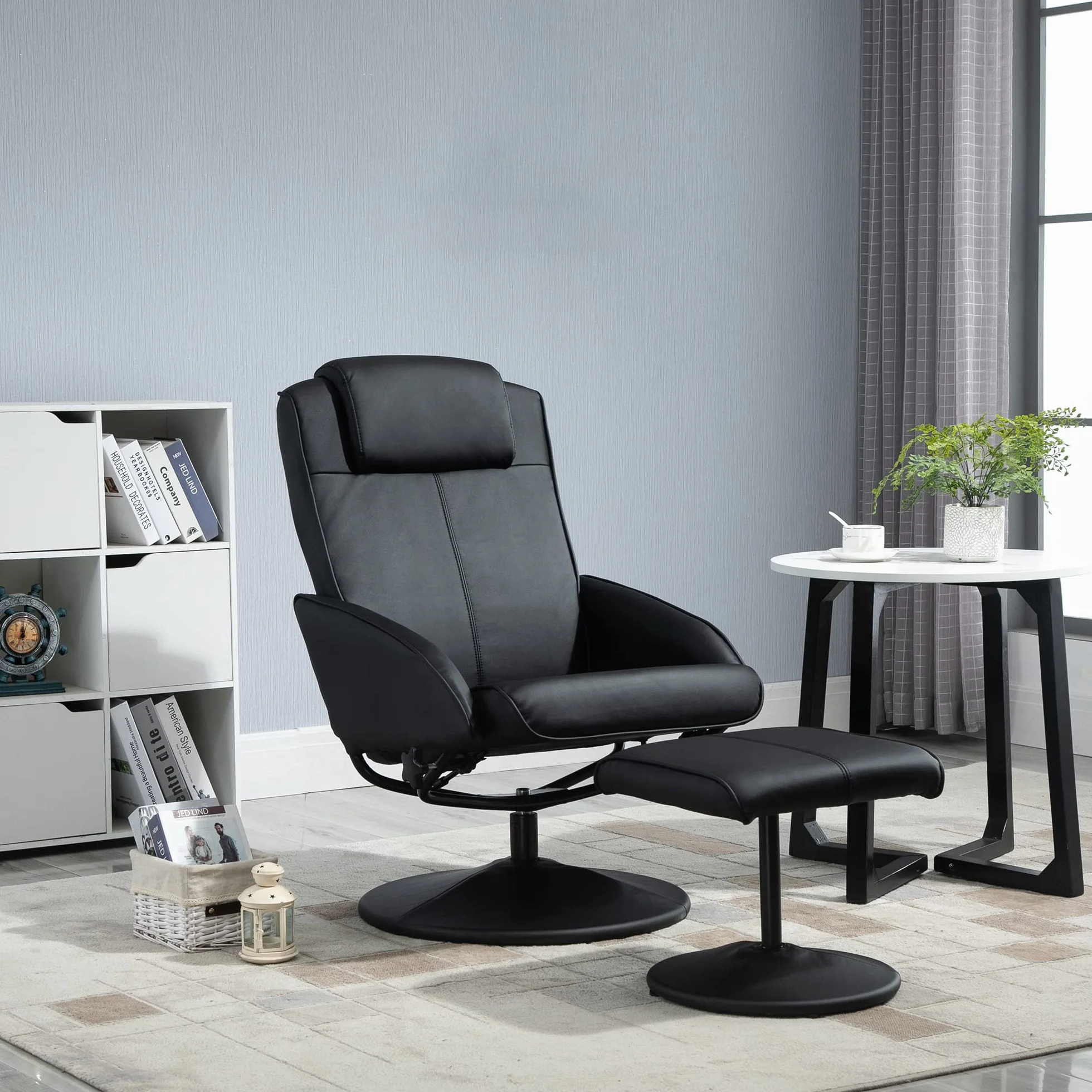 HOMCOM Sillón Reclinable con Reposapiés Sillón de Salón Giratorio con Tapizado en PU y Estructura de Acero Carga 120 kg Butaca para Dormitorio Sala de Estar Negro