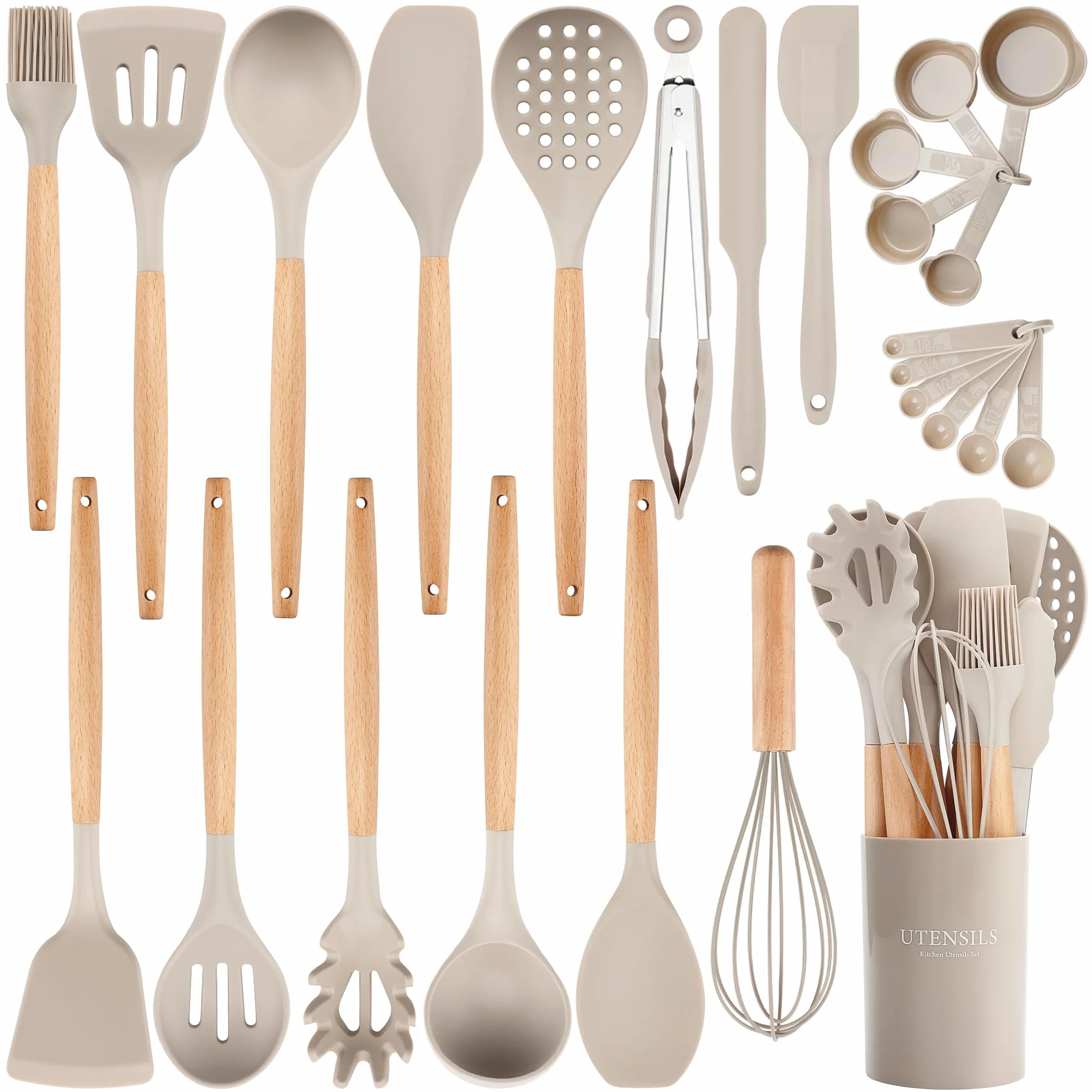 NCUE Juego de utensilios de cocina de silicona con soporte, sin BPA, para cocinar, espátulas de silicona resistentes al calor, mango de madera, pinzas antiadherentes (caqui)