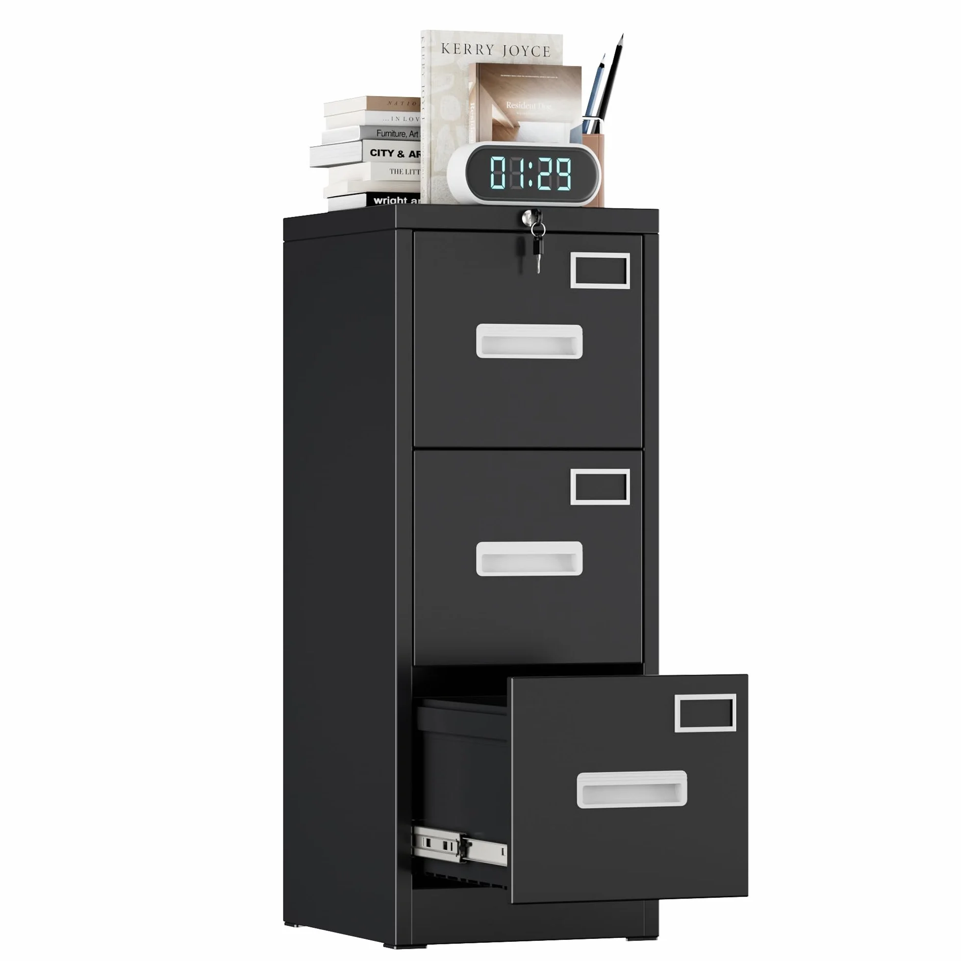 A4 Armario Archivador Metálico, 3 Cajonera Oficina Archivadores Verticales, Bloqueable, Incluye 2 Llaves, Dispositivo de Inserción, Muebles Oficina