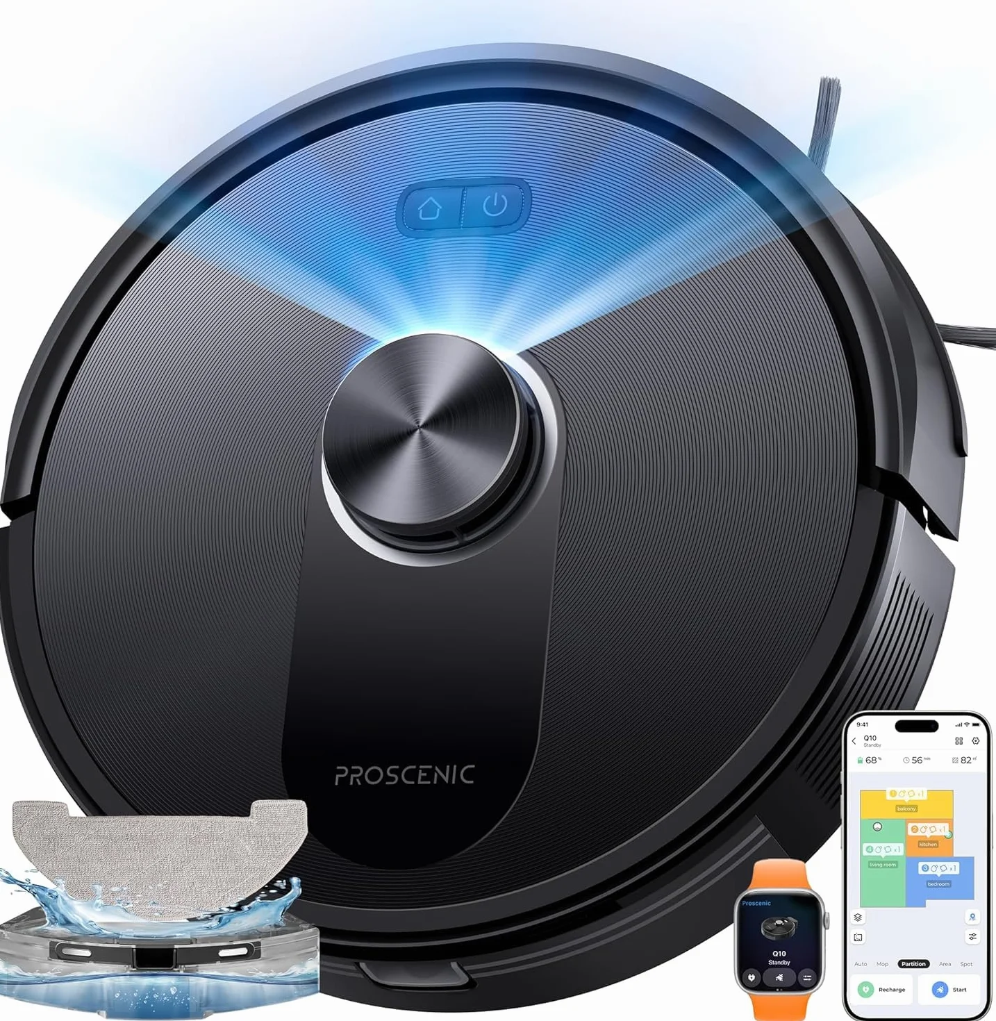 Proscenic Q10 Robot Aspirador 8000 Pa/200Min Autonomía con Fregado, Navegación LIDAR, Adaptación Alfombras, por App/Voz/Control Remoto/Apple Watch para Suelos, Alfombras y pelos de Mascotas