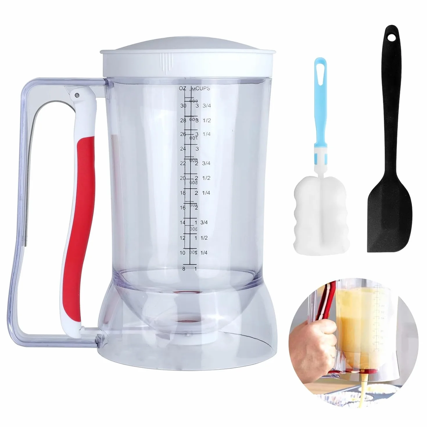 Dispensador de Masa 900ML Transparente con Escala para Muffins, Panqueques, Gofres