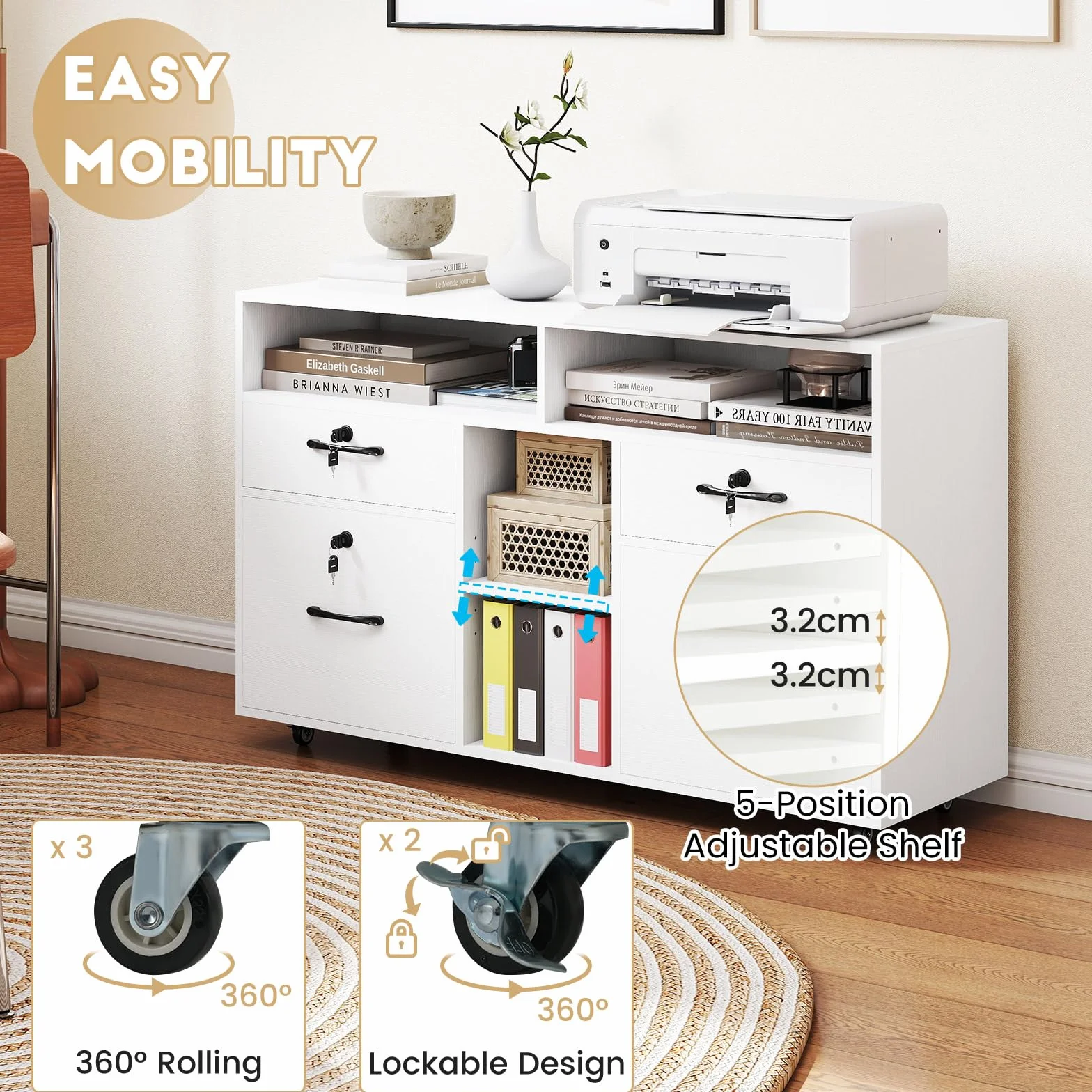 KOMFOTTEU Armario Archivador con Ruedas, Cajonera Escritorio con Cerradura con 4 cajones, Soporte para Impresora con Estante Ajustable para Carpetas A4/Carta para Oficina, 104 x 35 x 65,5 cm (Blanco)