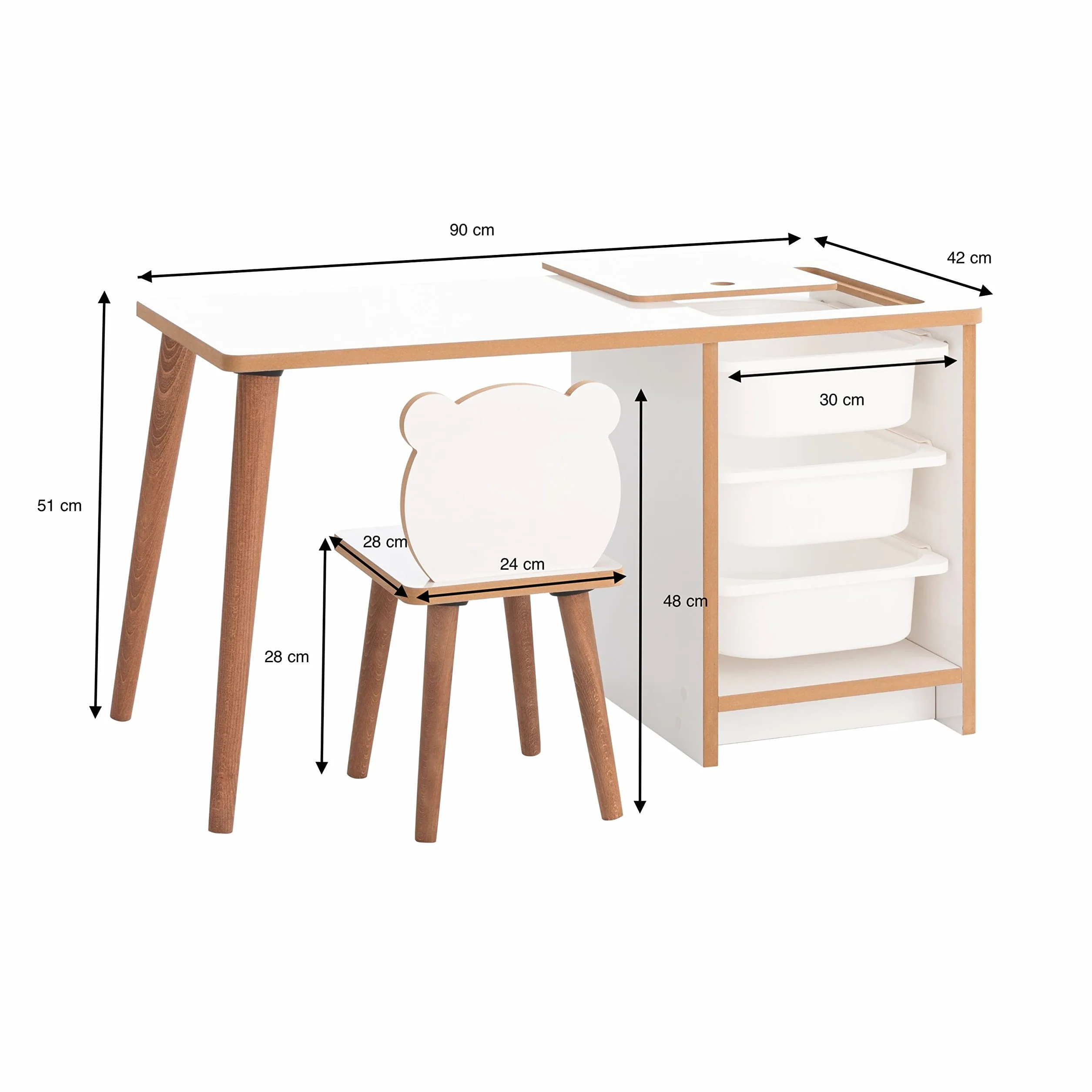Escritorio Infantil con Silla y Cajones Pupitre Mesa de Juegos Blanco y Madera 90x42x51 cm Soho