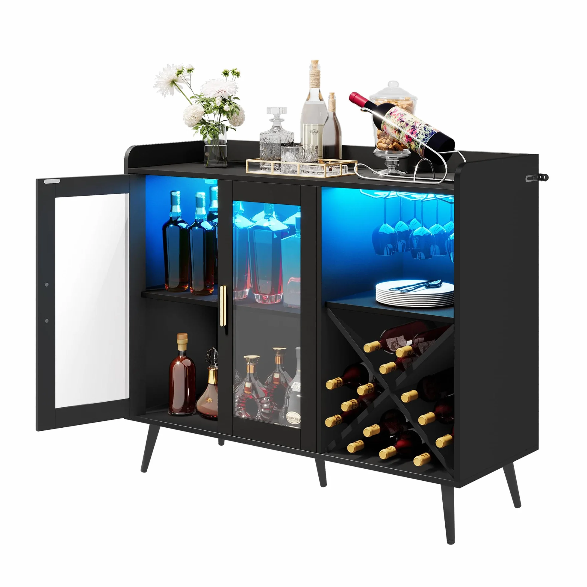 YITAHOME Gabinete de Bar con Luces LED Ajustables, Barra de café con Estante para Vino y Ganchos y Armario de Puerta acrílica, aparador de Buffet de Cocina para el hogar, Bar, Comedor, Sala de Estar