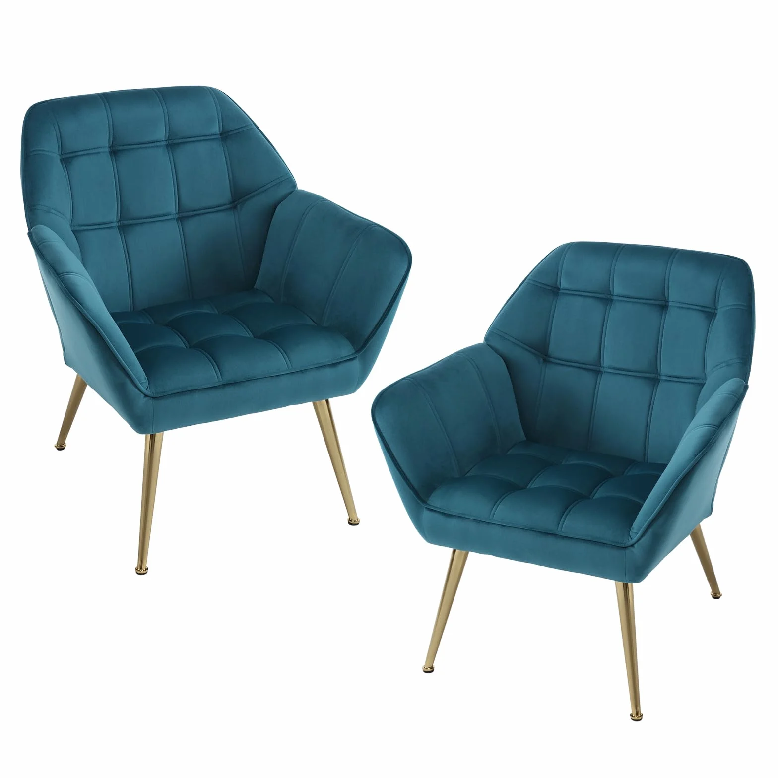 chairus Juego de 2 Sillón de Salón Acolchado con Reposabrazos Butaca Moderna, Sillón Tapizado de Lino Sofá Individual con Patas Metálicas Doradas para Salón/Dormitorio, Azul
