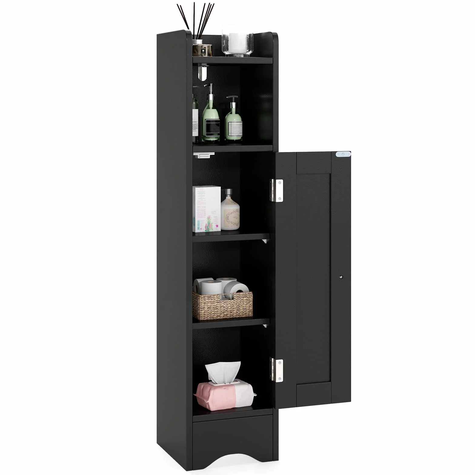 GIANTEX Armario Estrecho de Baño con Puerta, Mueble Organizador para Papel Higiénico con 5 Estantes de Almacenamiento, 2 Estantes Ajustables, 18 x 19,5 x 80 cm, para Salón, Lavandería (Negro)