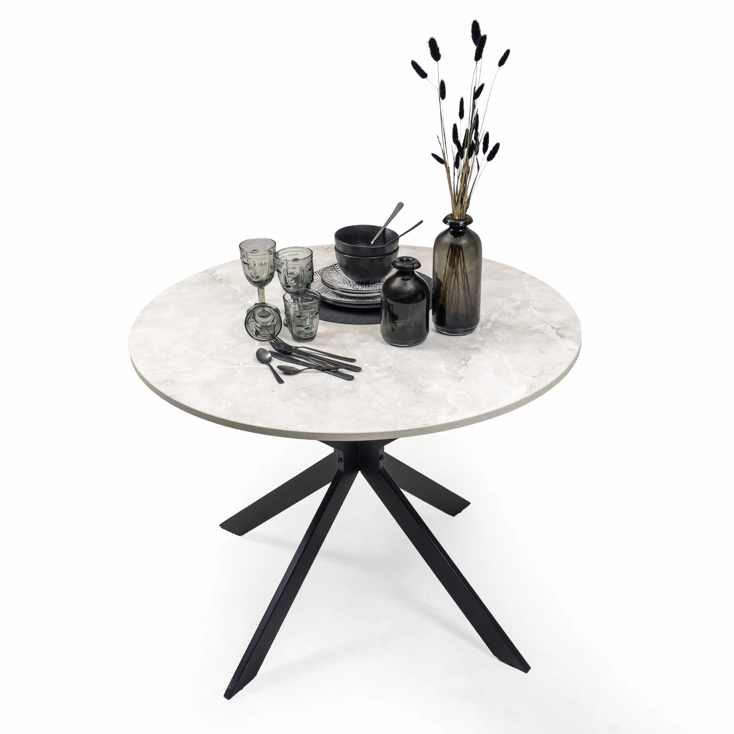 Homely® | Mesa Redonda de Comedor Core 100 cm | Mesa Moderna Industrial con Patas Metálicas Negras y Tapa Melamina Color Cemento | Cocina, Salón u Oficina