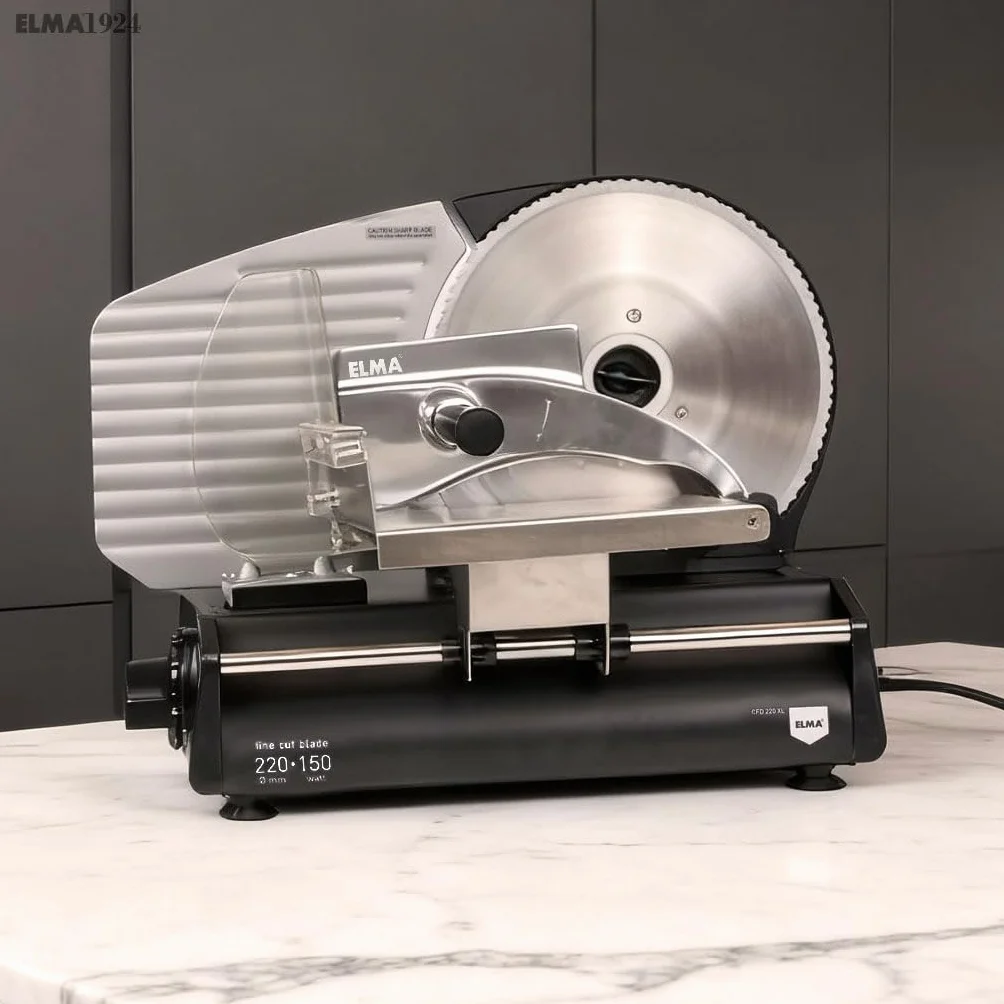 ELMA Cortafiambres Eléctrico CFD220 XL con Dos Cuchillas de Acero Inoxidable Ø220 mm | Cortadora de Fiambre Doméstica Ajustable 0-15 mm, Potente, Segura y Fácil de Limpiar