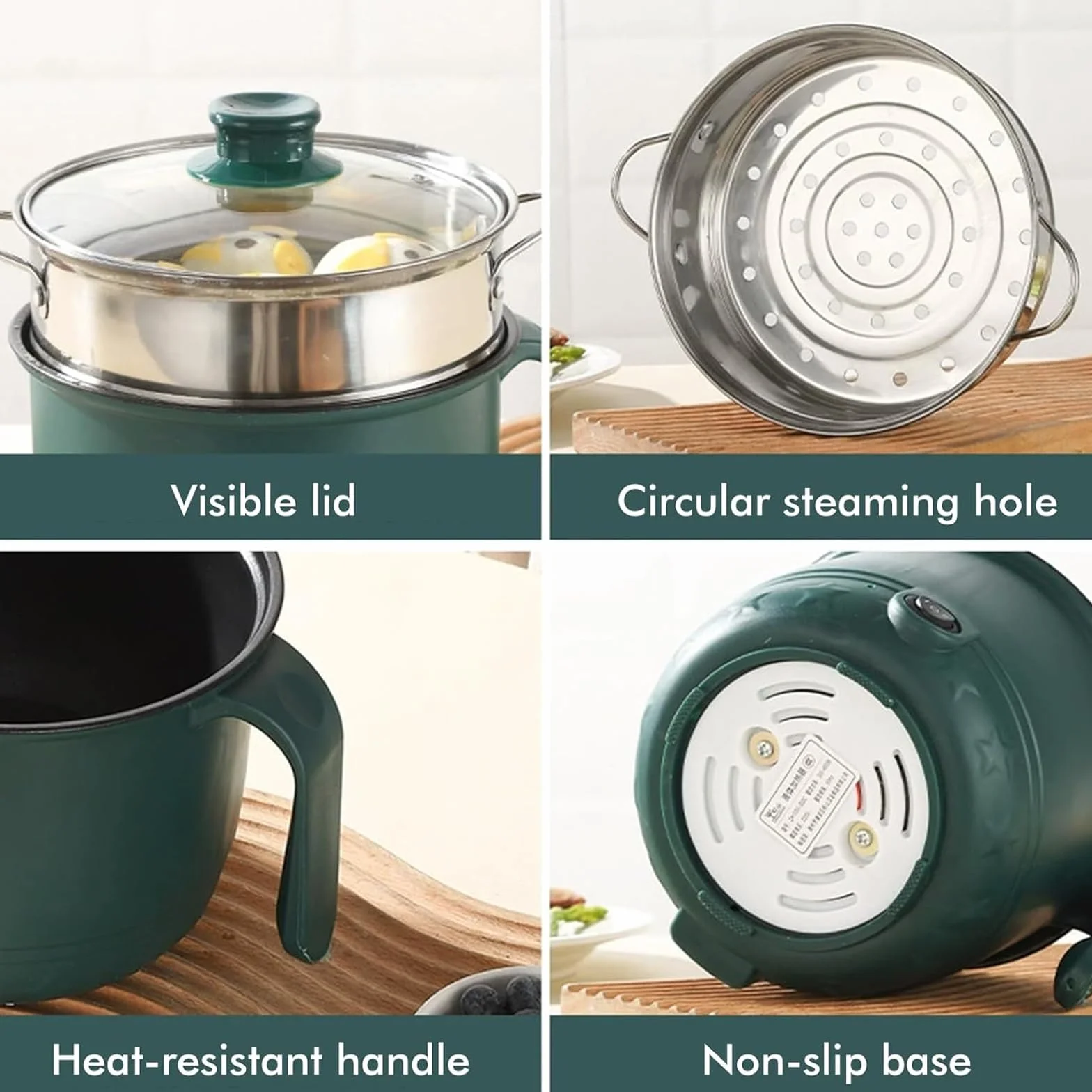 Olla Eléctrica 1.5 Litro, Mini Olla Caliente Portátil, Multicocina Antiadherente 600W 220V Verde