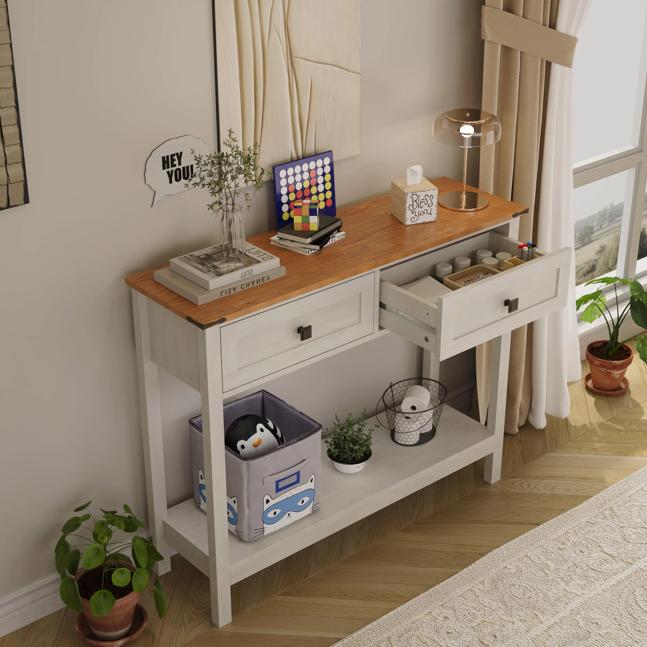 Trironsun mesa consola rústica con 2 cajones para pasillo, mesa de sofá rústica con estante abierto, pasillo de madera para dormitorio y sala de estar (blanco antiguo)