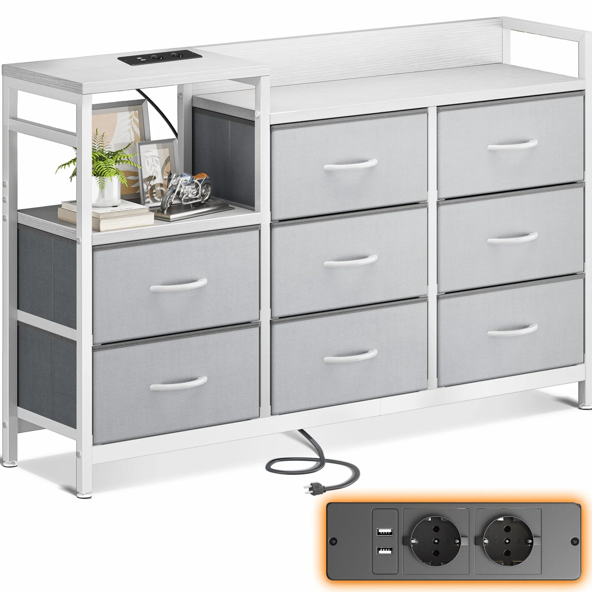 ODK Comoda Dormitorio, 2 Puertos USB y 2 AC, Cajonera Multifuncional para Dormitorio y Salón - Aparador Estable y Duradero, 132 x 30 x 88 cm, Blanco