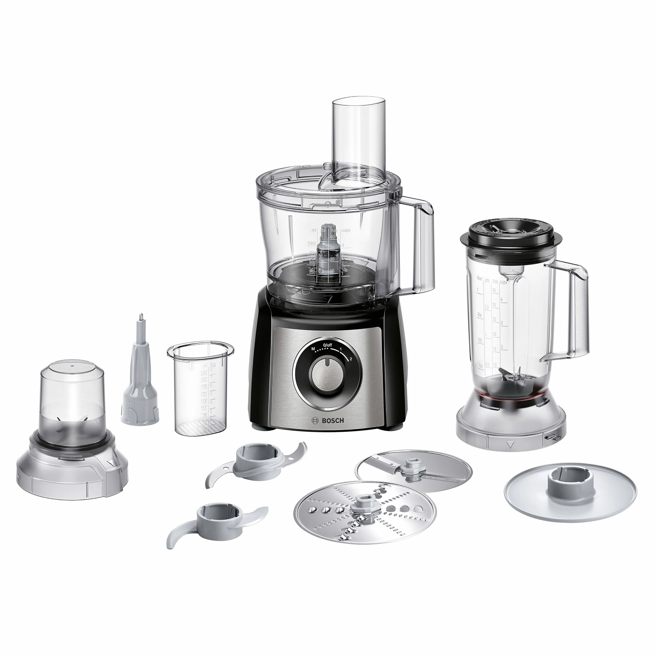 Bosch - Procesador de cocina Multitalent 3, 50 funciones, cuenco para mezclar 2,3 L, batidora de 1,0 L, cuchillo universal, cortar y rallar fino, grueso; batidor (nata), 900 W, color, MCM3PM386