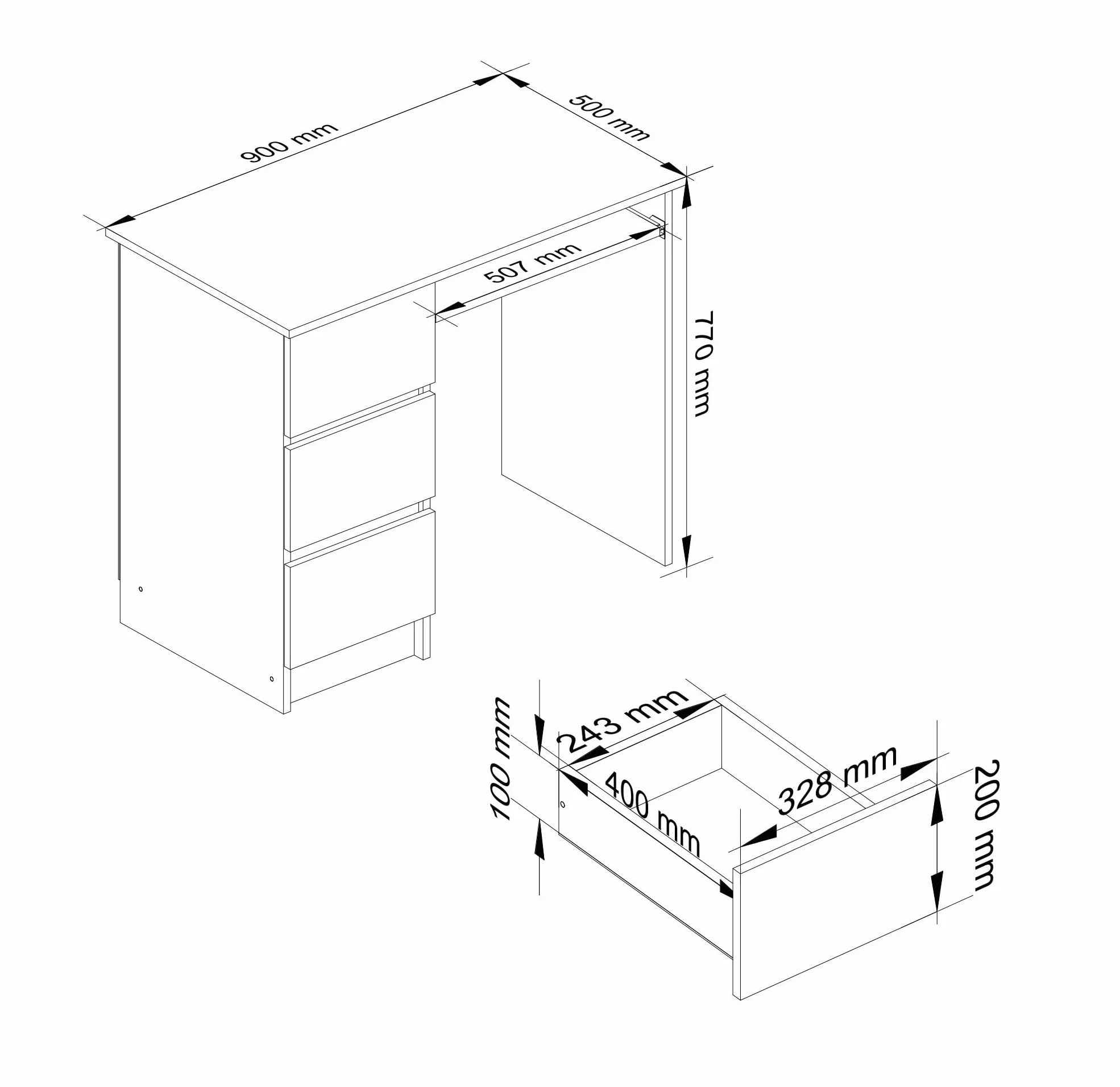AKORD Escritorio A-6 con Estante para Teclado y 3 cajones a la Izquierda o a la Derecha | Escritorio de Oficina | Escritorio para Ahorrar Espacio | 90x77x50cm 30 kg (Blanco)