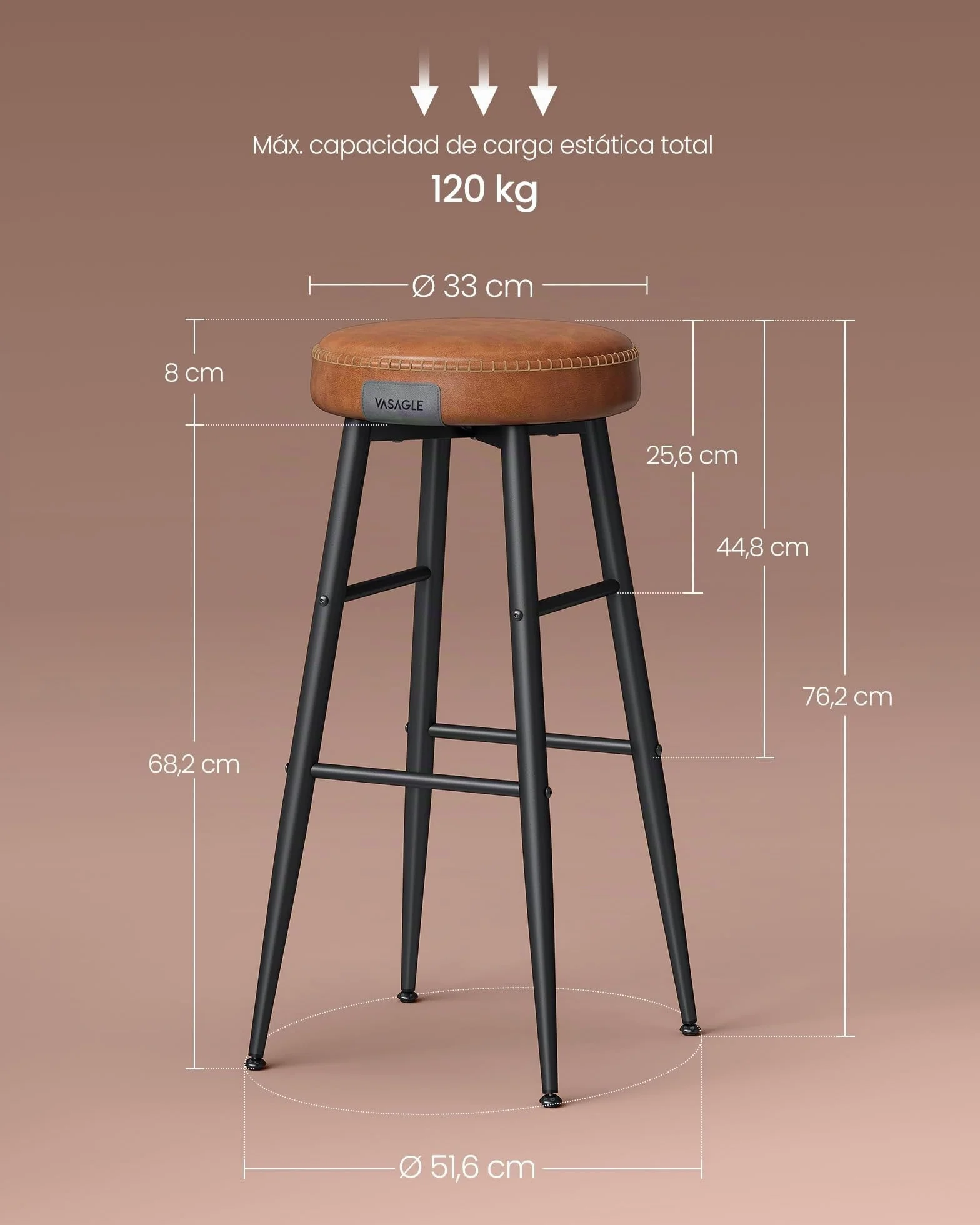 VASAGLE EKHO Colección - Juego de 4 Taburetes de Bar, Taburete Cocina, Taburete Desayuno, Cuero Sintético con Costuras, Moderno Siglo Medio, 76,2 cm Alto, Silla Comedor, Fácil Montaje, Marrón Caramelo