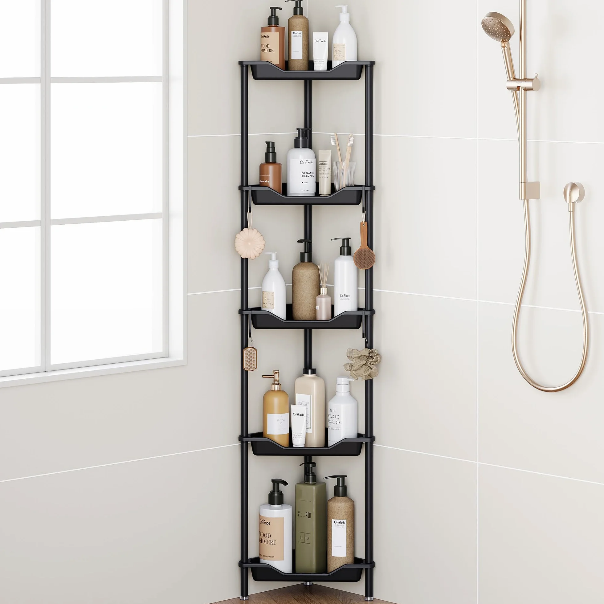 Orimade Organizador de ducha de esquina de 5 niveles a prueba de óxido, estante de esquina de plástico de aluminio para baño, color negro