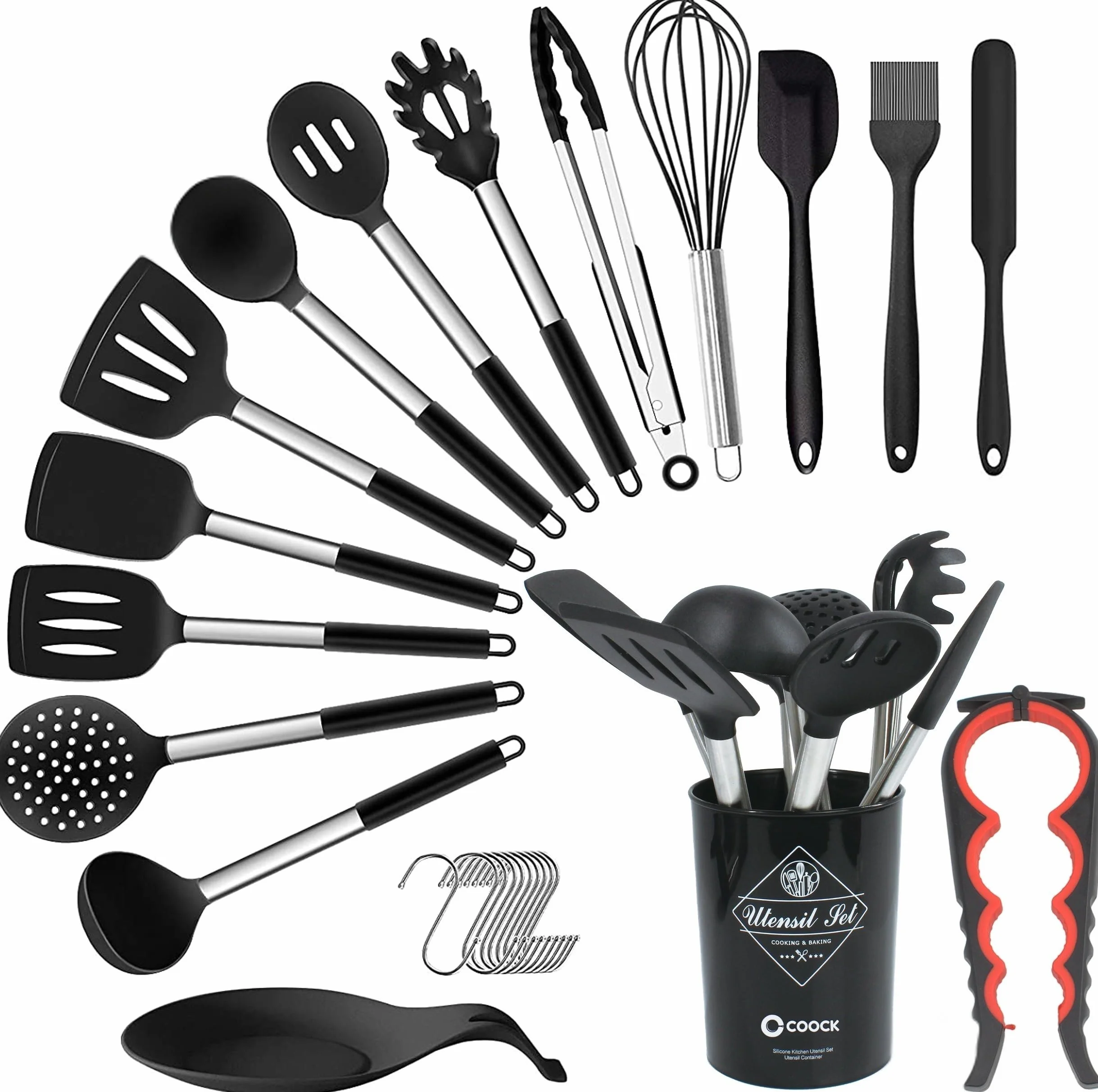 Juego de utensilios de cocina XL de 26 piezas con soporte – Negro | Herramientas de silicona resistente al calor y soporte de acero inoxidable sin BPA, apto para lavavajillas, antiadherente