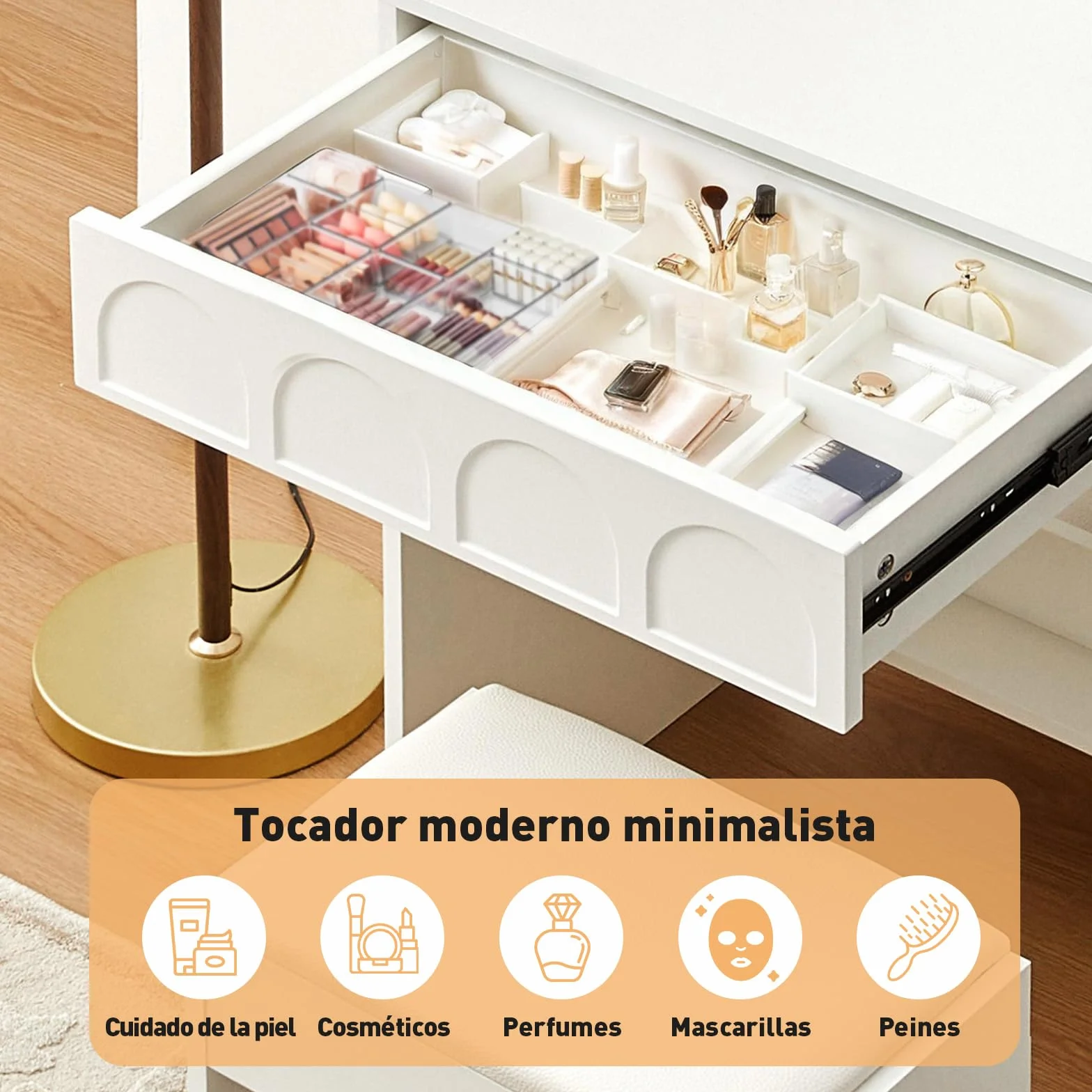 LEMROE Tocador Moderno con Espejo LED Táctil 3 Luces, Mesa de Maquillaje Compacto con Cajón y Taburete, para Espacios Pequeños, Blanco (Blanco)