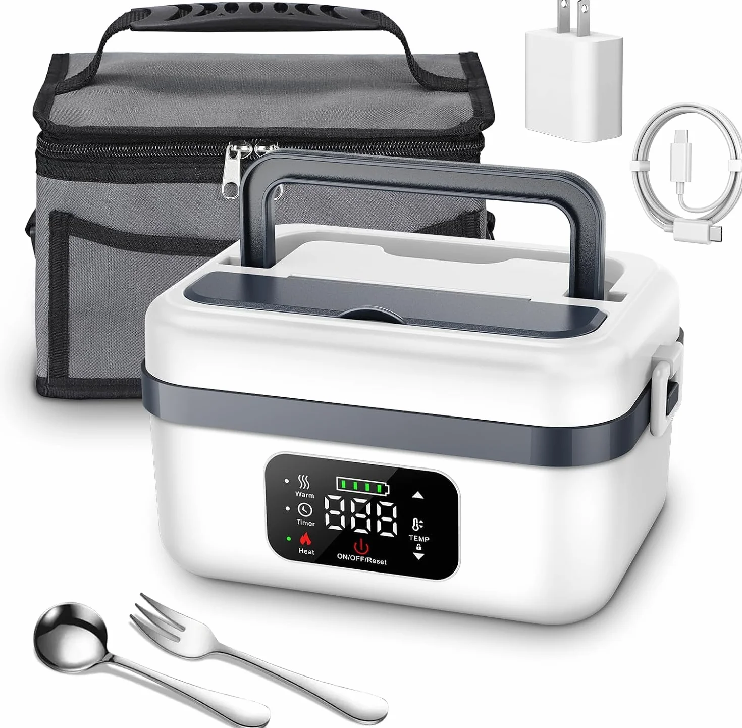 Kouamor Fiambrera eléctrica, batería de 16.000 mAh, portátil, para viajes, 1 L, con bolsa aislante, tenedor y cuchara y placa separadora extraíble, color blanco
