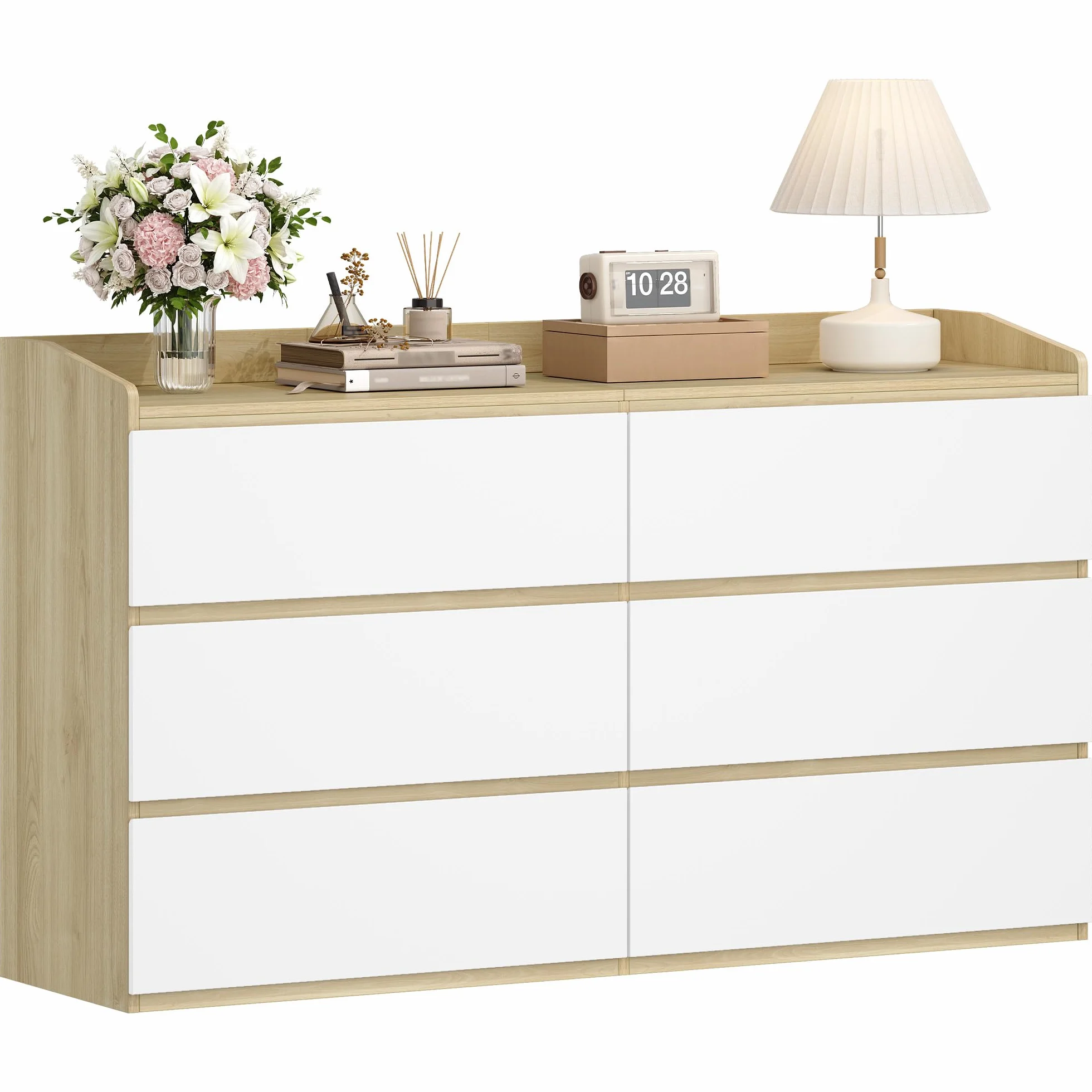 Hzuaneri Cómoda, Cajonera Dormitorio de 6 Cajones, Armario Auxiliar con Superficie de Trabajo, Estilo Moderno, para Salón, Dormitorio, Pasillo, 40 x 138 x 84 cm, Blanco-Roble DC32631X