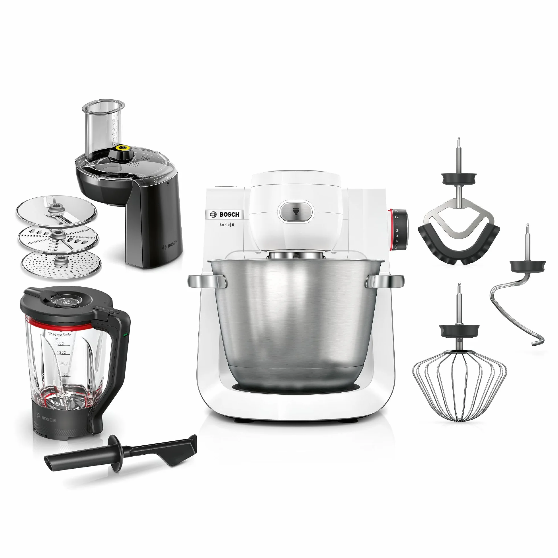 Bosch - Robot de Cocina, Serie 6, 1600W, Amasado Planetario 3D, Set de Pastelería, Triturador, Batidora de vaso ThermoSafe, Blanco, MUMS6EW22