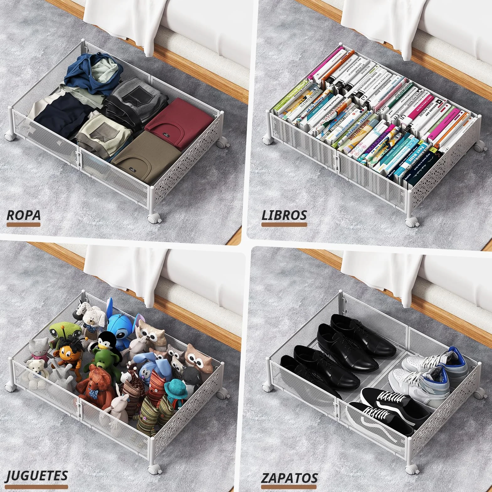 PHINOX Almacenamiento debajo de la cama con ruedas, organizador de zapatos para dormitorio