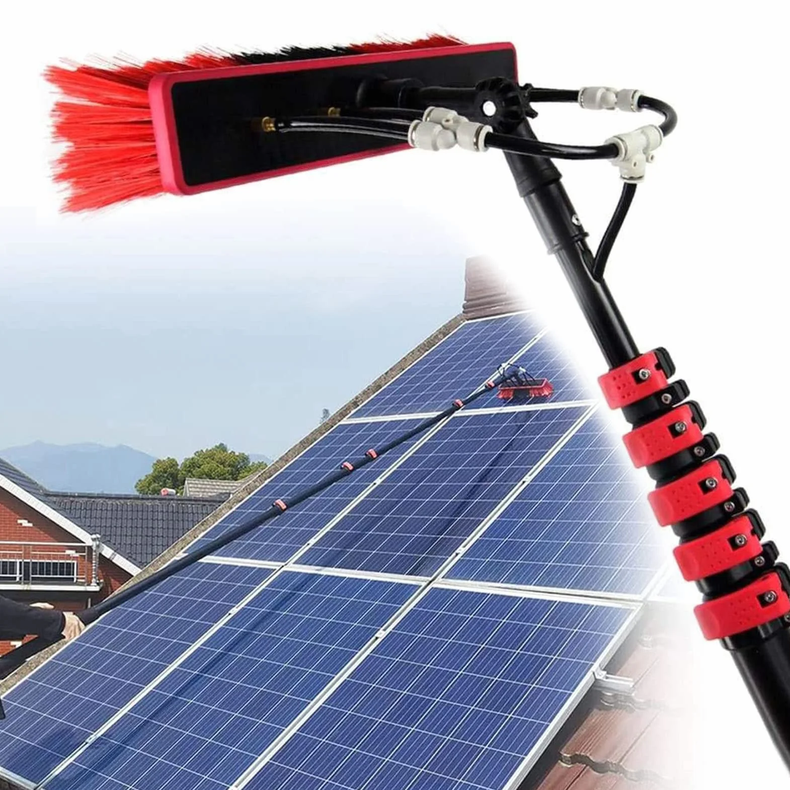 Kit de Limpiador de Ventanas telescópico con pértiga de Agua, Cepillo para Paneles solares y Cristales, Varilla Extensible para una Limpieza Exterior sin Esfuerzo en Lugares Altos
