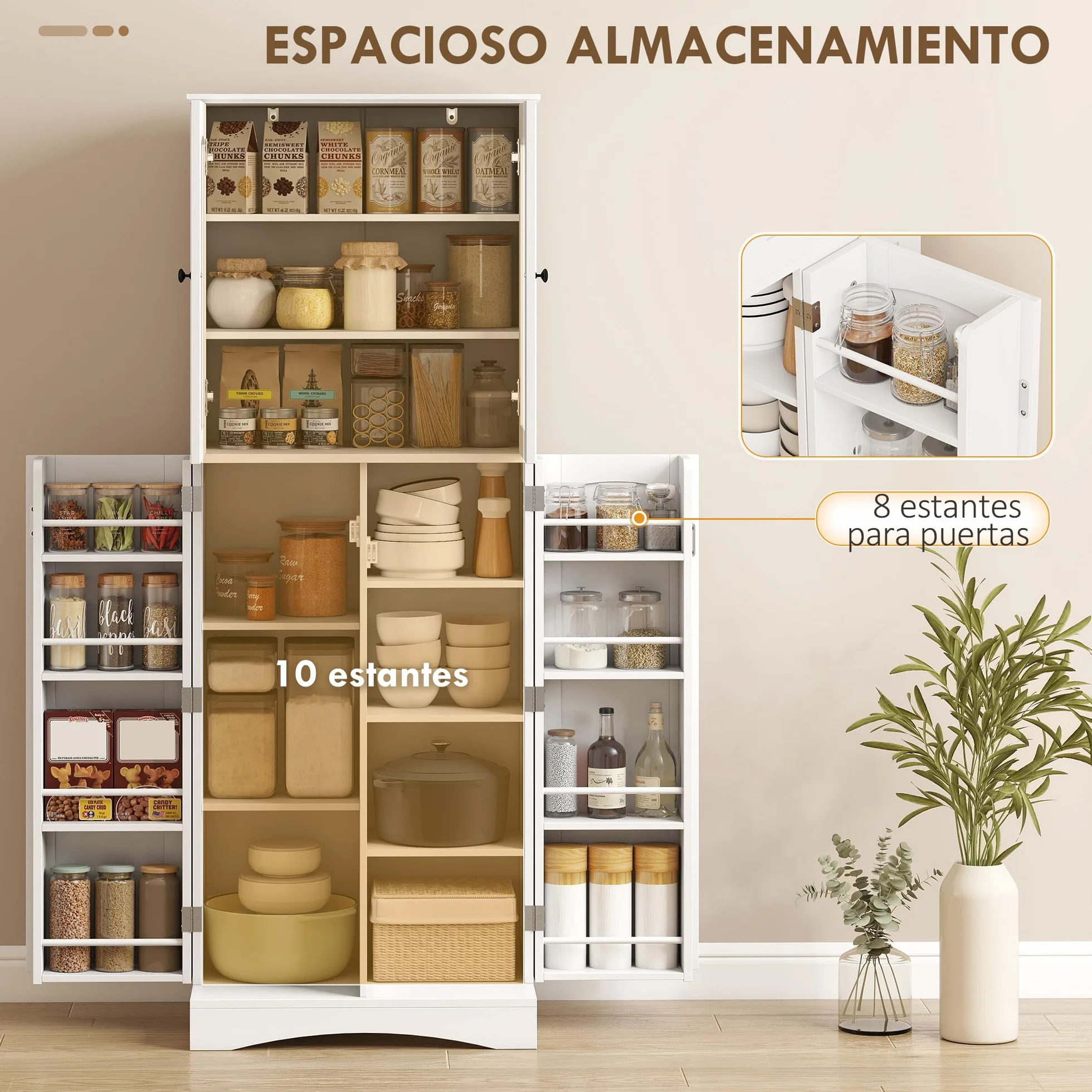 HOMCOM Armario de Cocina, Armario Despensa Cocina, con Puertas Acrílicas de Cierre Suave, 10 Estantes, 8 Compartimentos, Alacena Moderna con 4 Estantes Ajustables para Comedor, 60x40x162 cm, Blanco