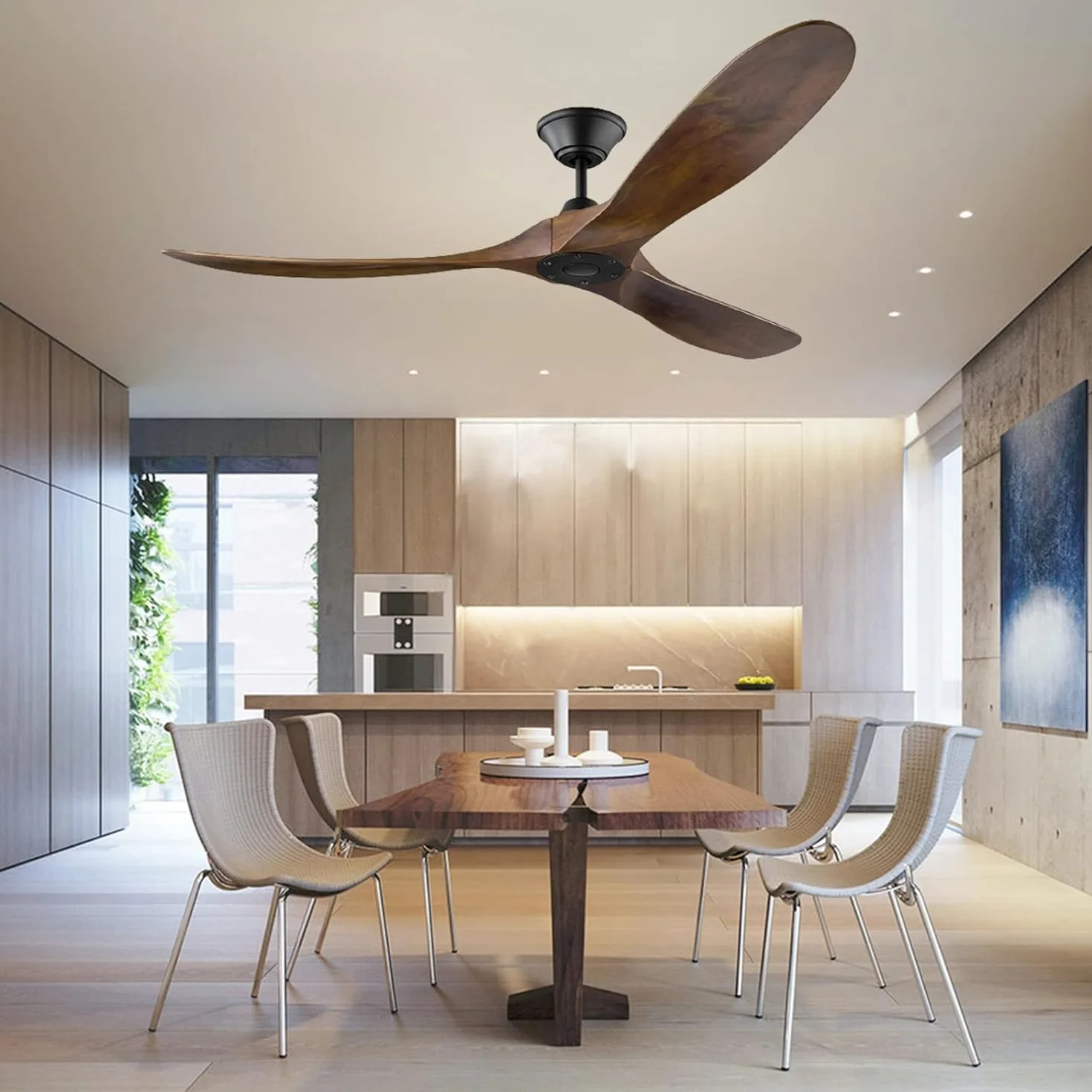 Ventilador de techo de madera sin luz/Función verano-invierno/Temporizador 1/4/8h / 6 velocidades/Ventilador de techo de bajo consumo para interiores y exteriores, Ø152 cm (60 pulgadas)