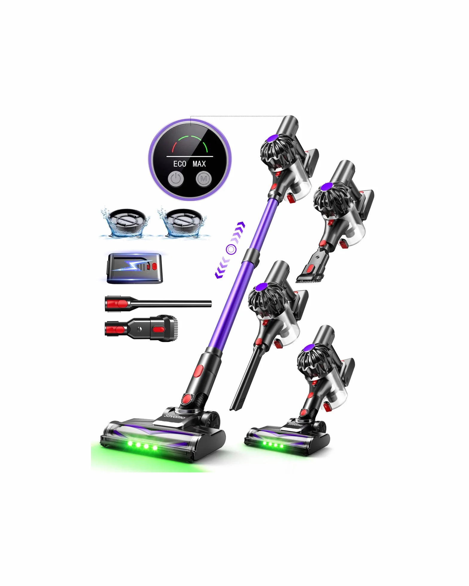 S16 Aspiradora sin Cable, 50kPa/600W/45min, Batería Extraíble, Aspiradora de Mano Ligera con Luz LED Verde, Aspiradora Escoba Inalámbrica para Pelo de Mascota/Suelo Duro, Violeta