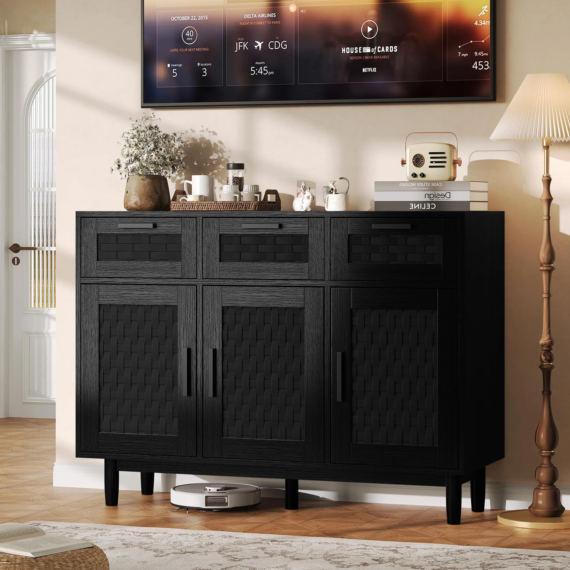 Aparador de comedor de madera, armario de cocina con 3 puertas, aparador de almacenamiento de cocina, aparador de ratán para cocina, comedor, salón (Negro-D, 107,9 x 40 x 80)