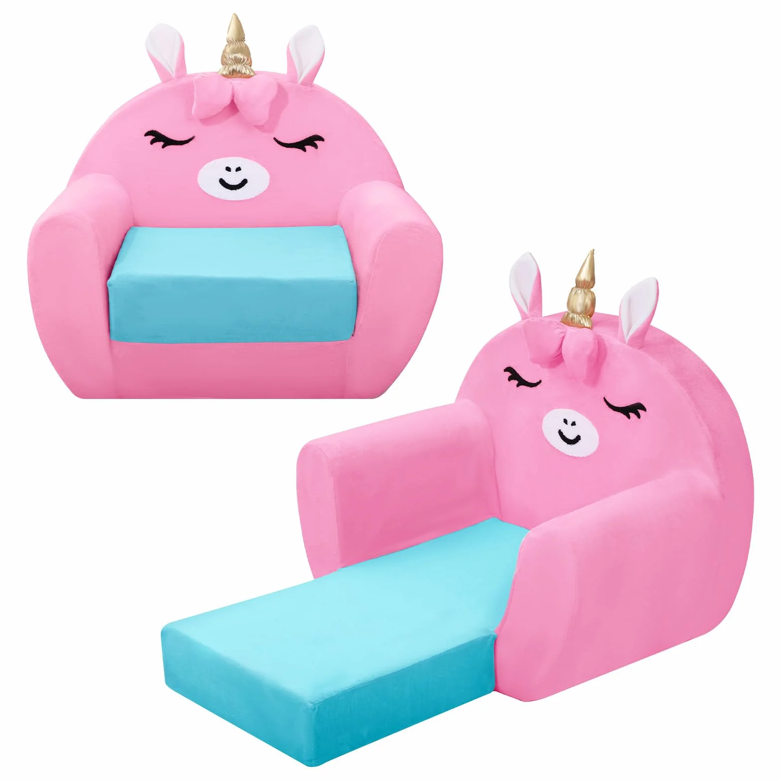 Sofá Plegable para Niños, Suave Cómodo Mini Sofá Infantil 2 en 1,Unicornio Rosa