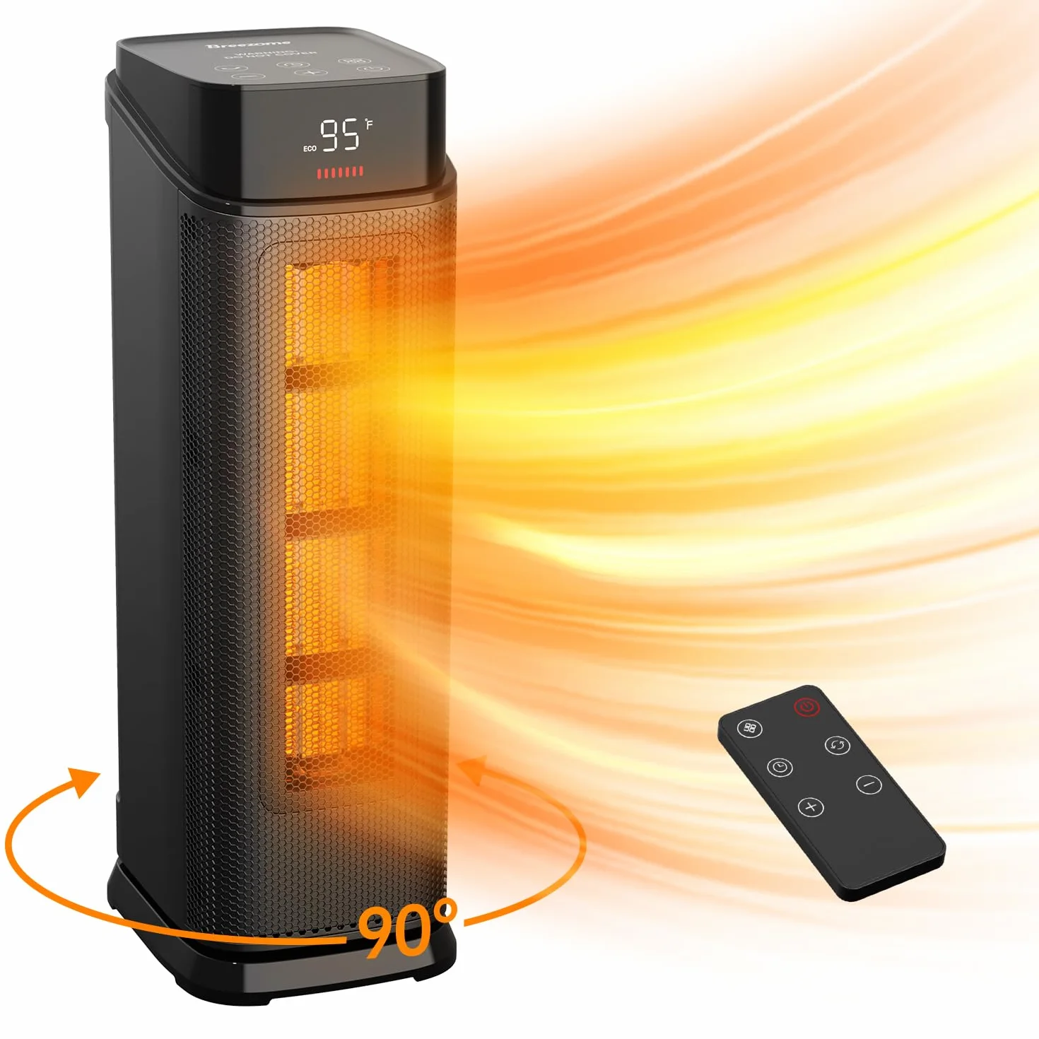 BREEZOME - Calentador de espacio para interior, calefactor eléctrico PTC de 1500 W para el hogar con termostato y oscilación de 90°, temporizador de 24 horas, calentador de torre de cerámica