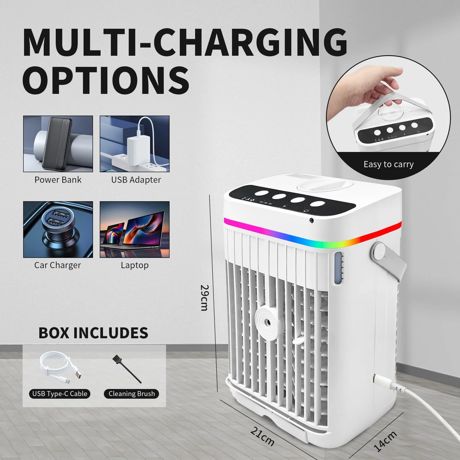 Aire acondicionado portátil, mini enfriador 4 en 1 con refrigeración rápida, función de niebla, luz LED, 3 velocidades y temporizador, ventilador USB silencioso para uso en verano