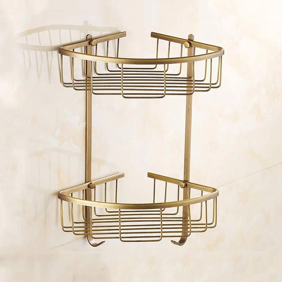 Estante esquinero doble minimalista para baño con soporte para ducha montado en la pared y cesta de almacenamiento con gancho