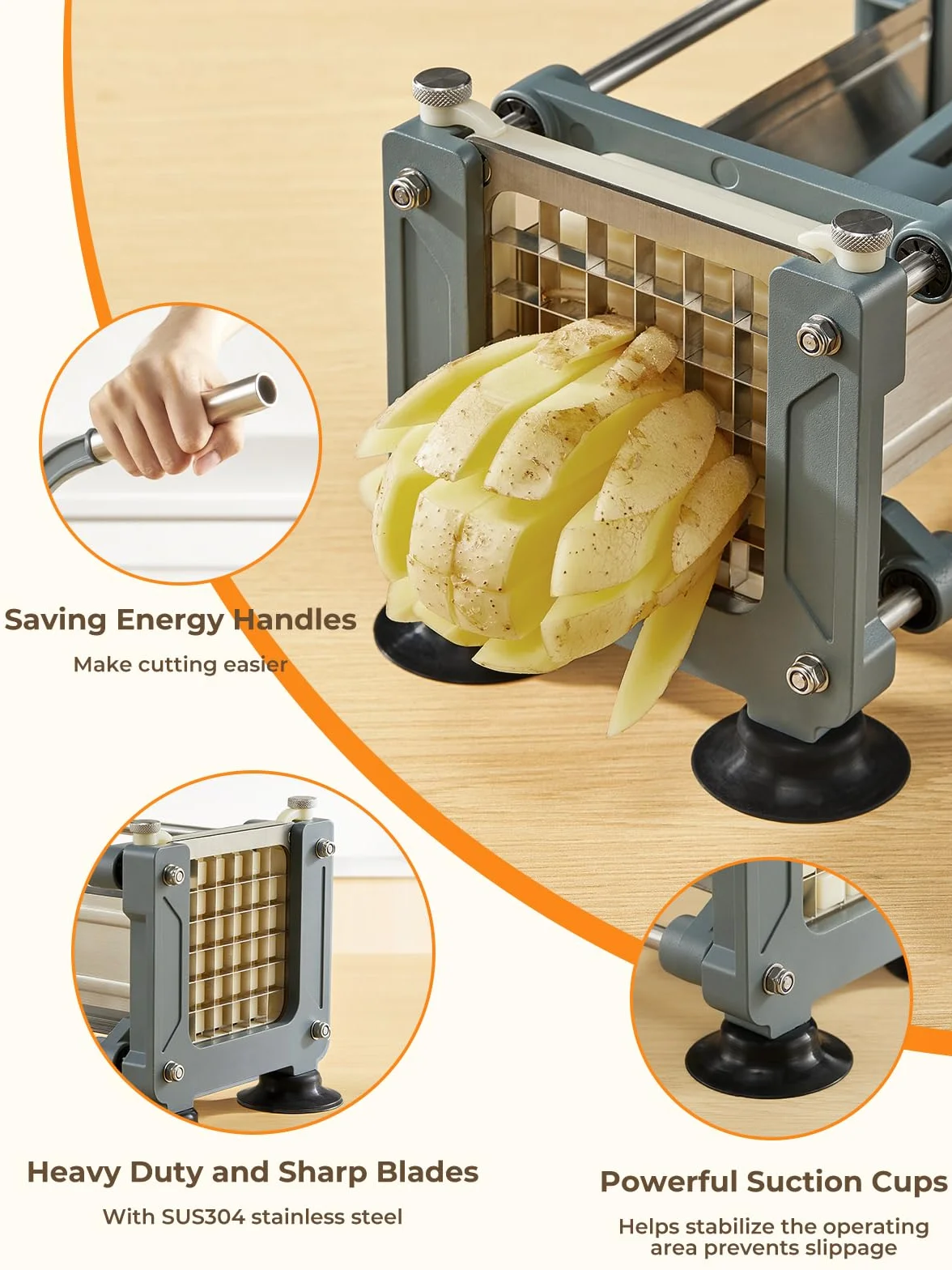 FOHERE Cortador Patatas Fritas Manual, Cortador de Patatas Profesional Corta Patata Acero Inoxidable con Cuchillas De 12mm para Uso Doméstico y Comercial