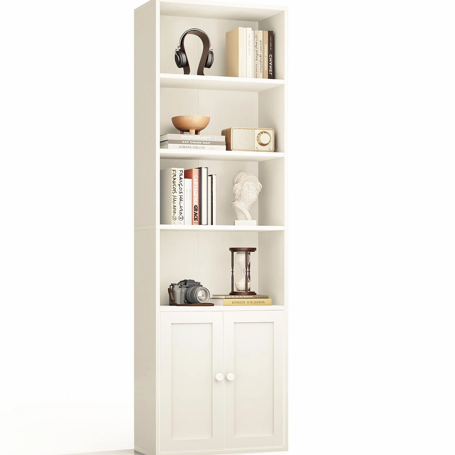 Coleshome Estantería Libros, Librería de 6 Niveles con Puertas y Armario, Estantería de Pie para Salón, Dormitorio, Oficina, Almacenamiento y Exhibición, Blanco, 48 x 24 x 176.4