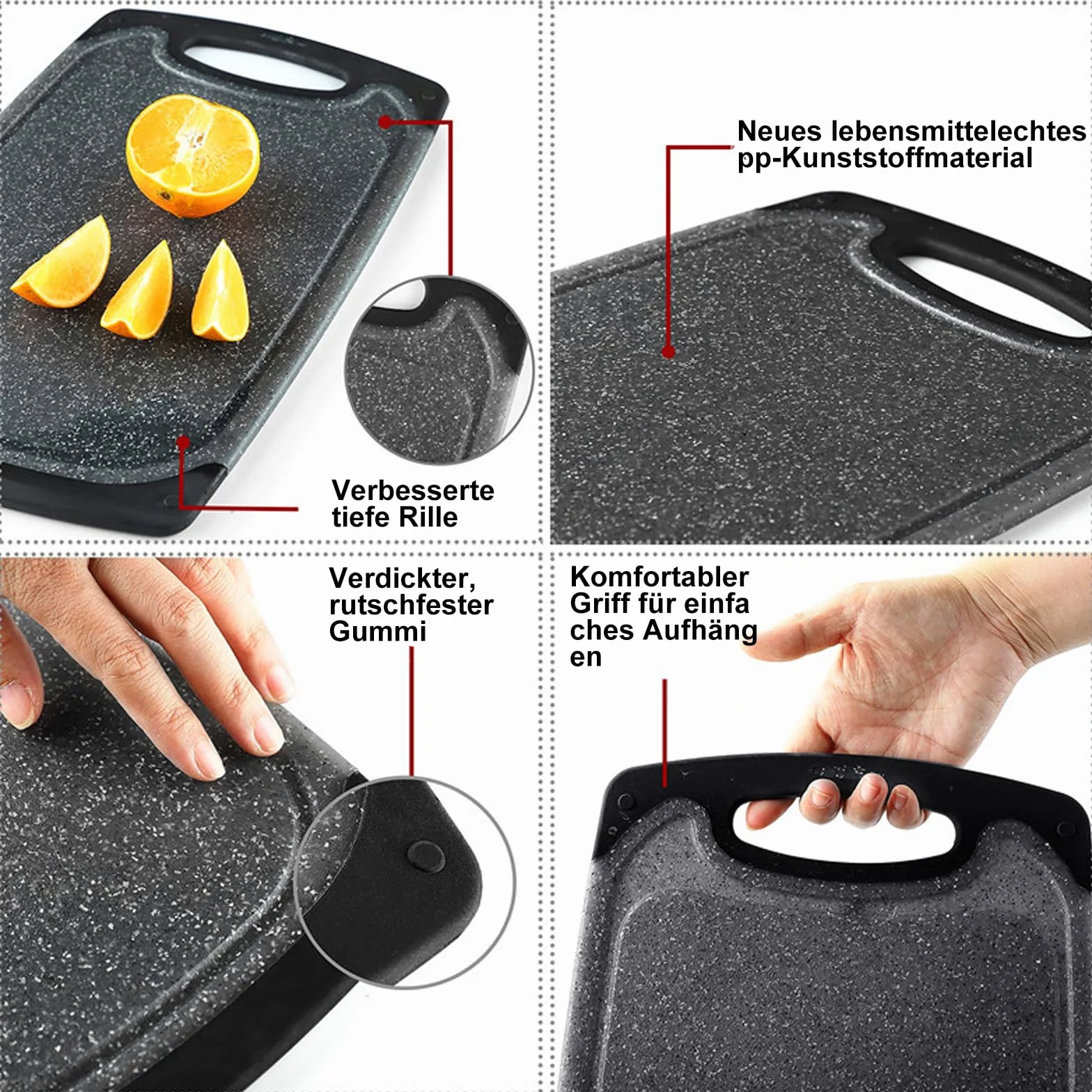 Juego de 3 tablas de cortar de plástico con canal antiderrame y orificios para guardar