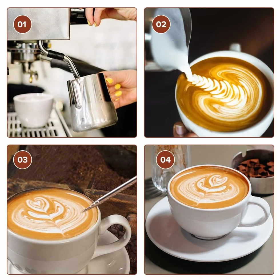 KITDAHOM Jarra de espuma de leche de acero inoxidable 350 ml con escala, dispensador de nata y aguja para latte-art para baristas