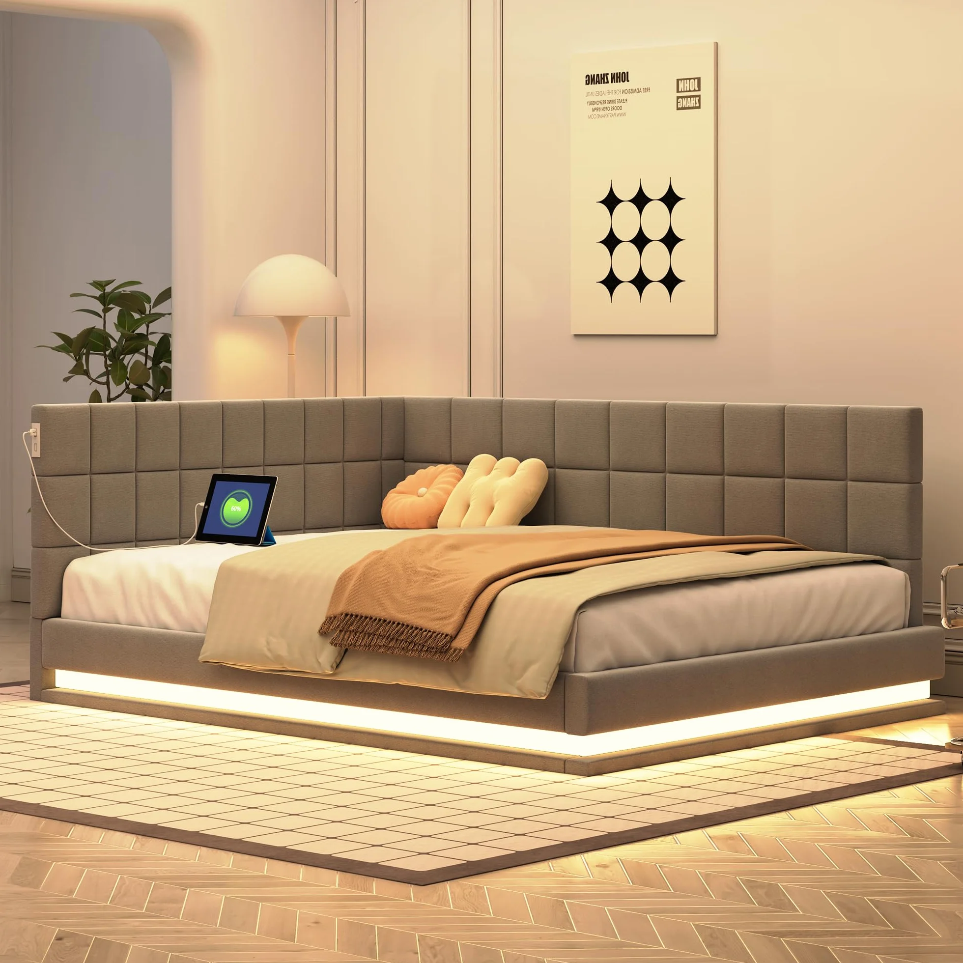 ZYLOYAL10 Cama tapizada para sofá cama multifunción con somier de láminas de tela aterciopelada agradable al tacto (tira de luz LED gris, 140 x 200 cm)