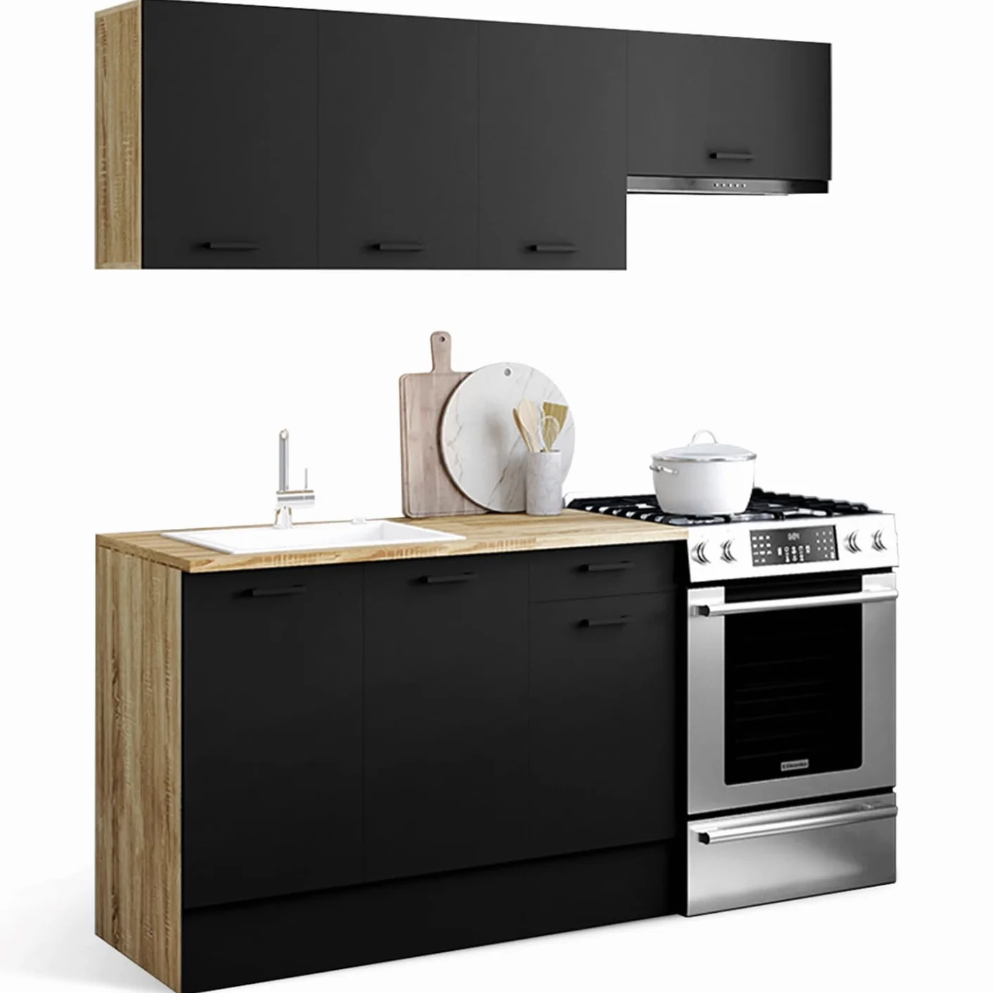 IDMarket - Cocina completa 180 cm Subtil con superficie de trabajo 5 elementos Madera y Negro