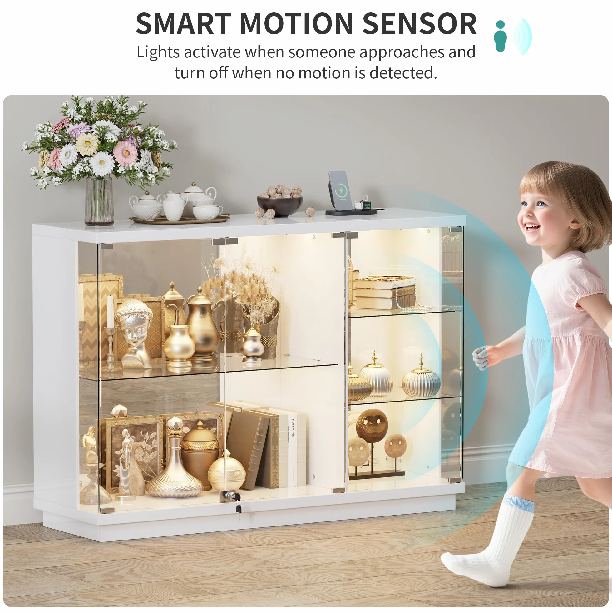 Vitrina Expositora con Iluminación LED: Puertas de Cristal con Cerradura Vitrinas con Sensores Inteligentes Vitrina Cristal de 3 Niveles para Salón,Dormitorio,Oficina o Estudio,